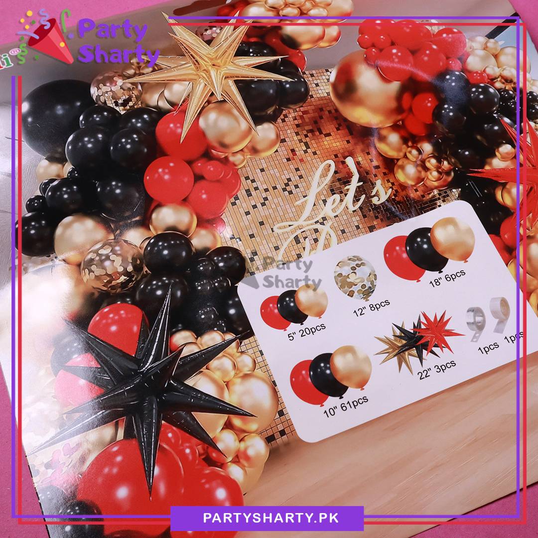 100pcs Red, Black & Metallic Golden Balloon Garland Arch Kit For Party Event Decoration
