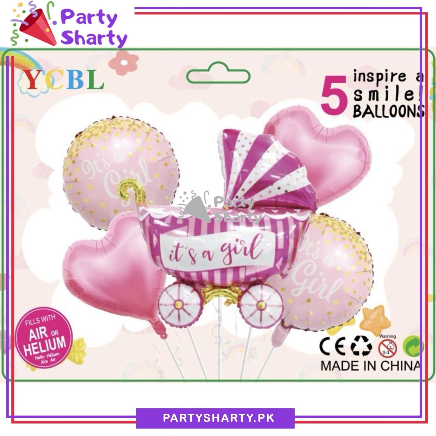 Baby Girl Stylish Cart Shaped Foil Balloon Set For Baby Shower, Welcome Baby Decoration and Celebrations
