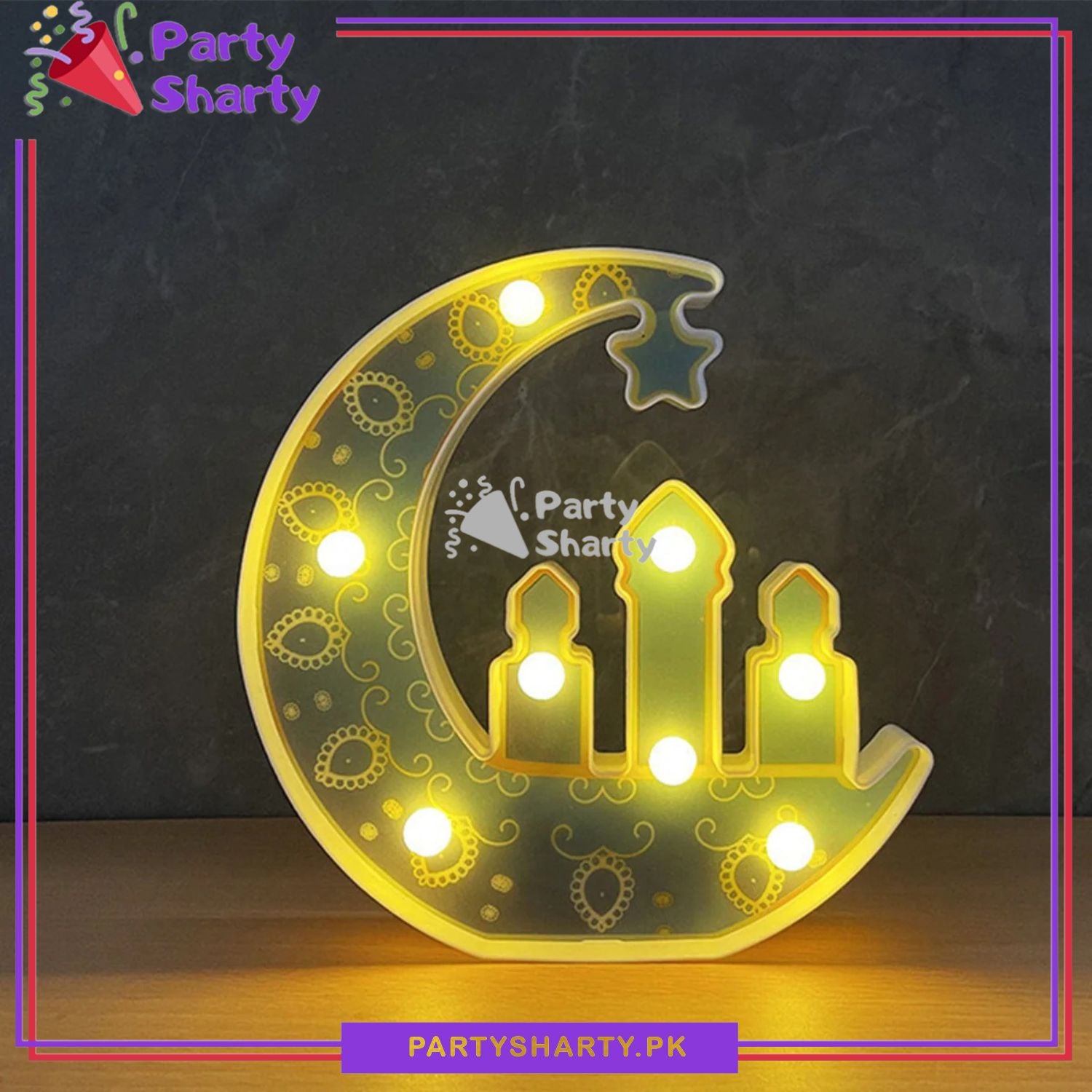 Crescent Moon with Hanging Star and Mosque Design Lamp Decorative Led Table Lamp For Ramadan / Eid Decorations