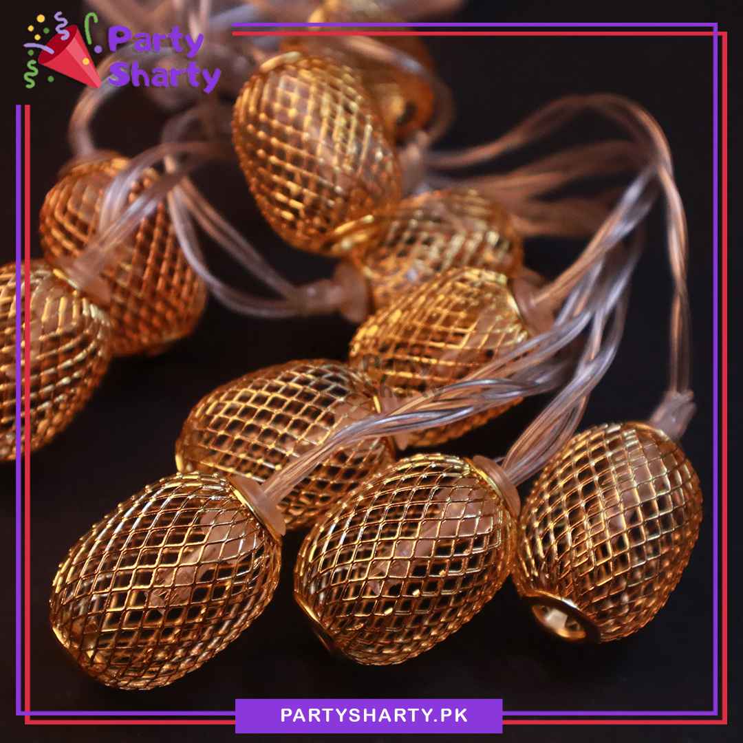 Metal Golden Moroccan Ball Fairy Light Battery Operated 10 Lantern String Light For Room and Party Decoration