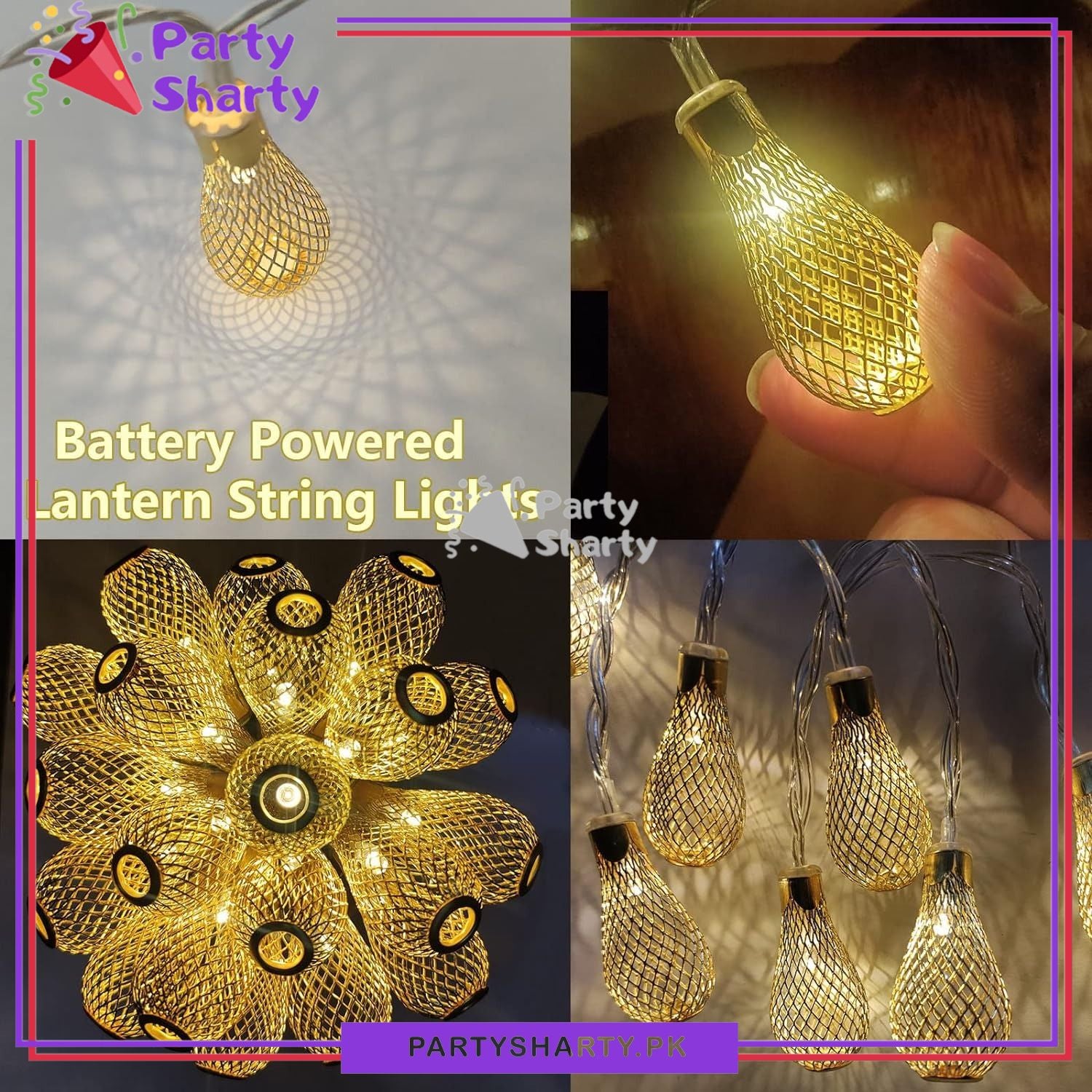 Metal Golden Moroccan Lantern Fairy Light Battery Operated 10 Lantern String Light For Room and Party Decoration