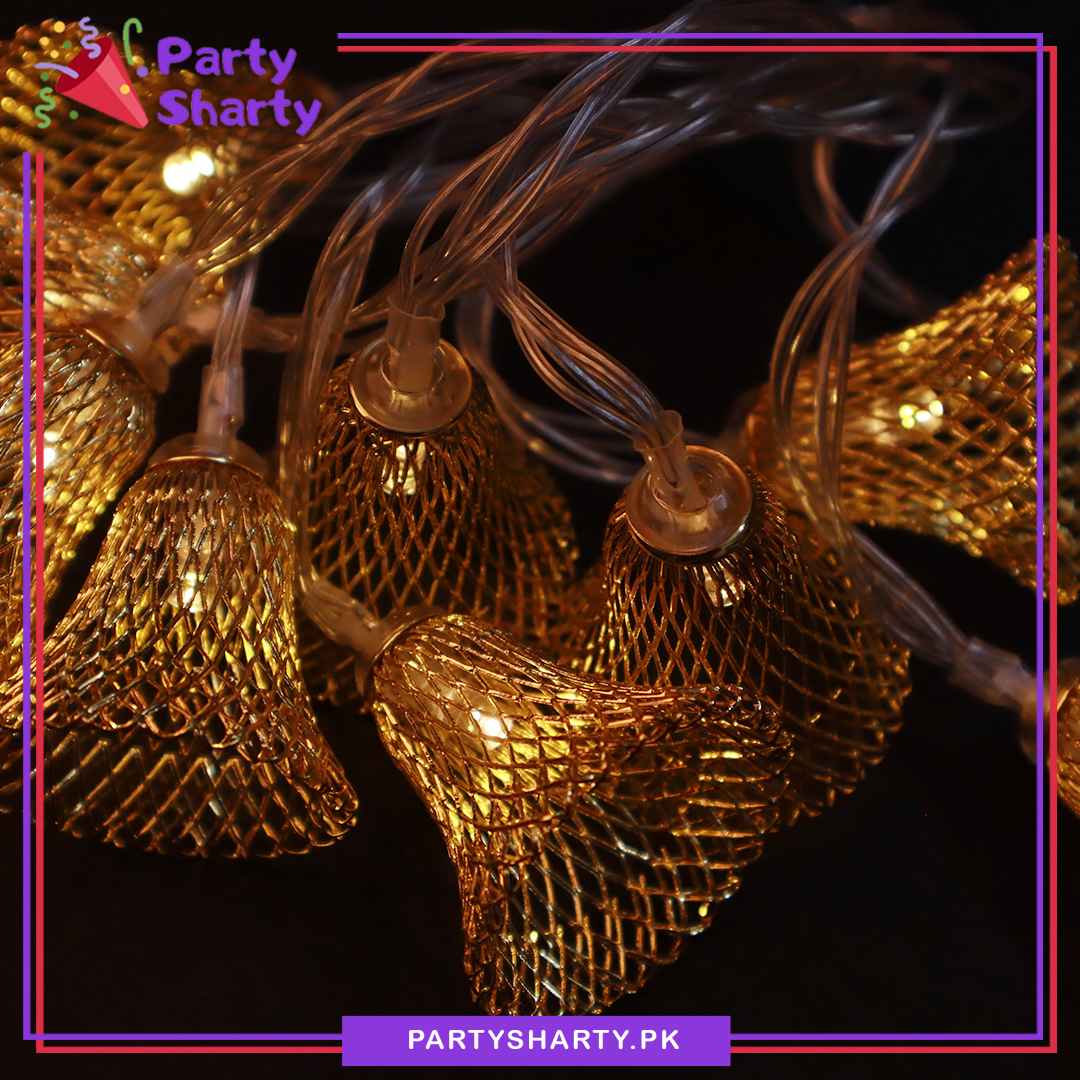 Metal Golden Moroccan Lantern Fairy Light Battery Operated 10 Lantern String Light For Room and Party Decoration