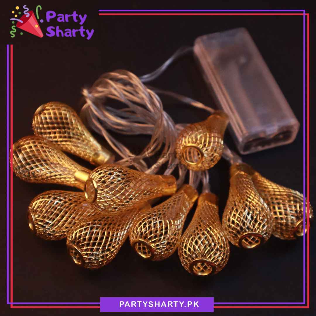Metal Golden Moroccan Lantern Fairy Light Battery Operated 10 Lantern String Light For Room and Party Decoration