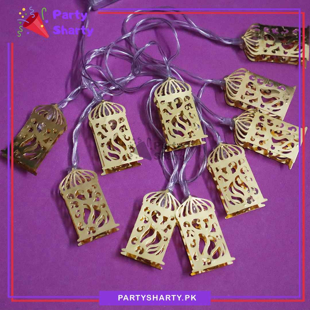 Metal Golden Ramadan Lantern Shaped Fairy Light Battery Operated 10 Lantern String Light For Room and Ramadan Corner