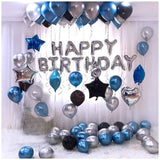 Happy Birthday Silver with Blue & Black Balloons Theme Set For Birthday Decoration and Celebrations