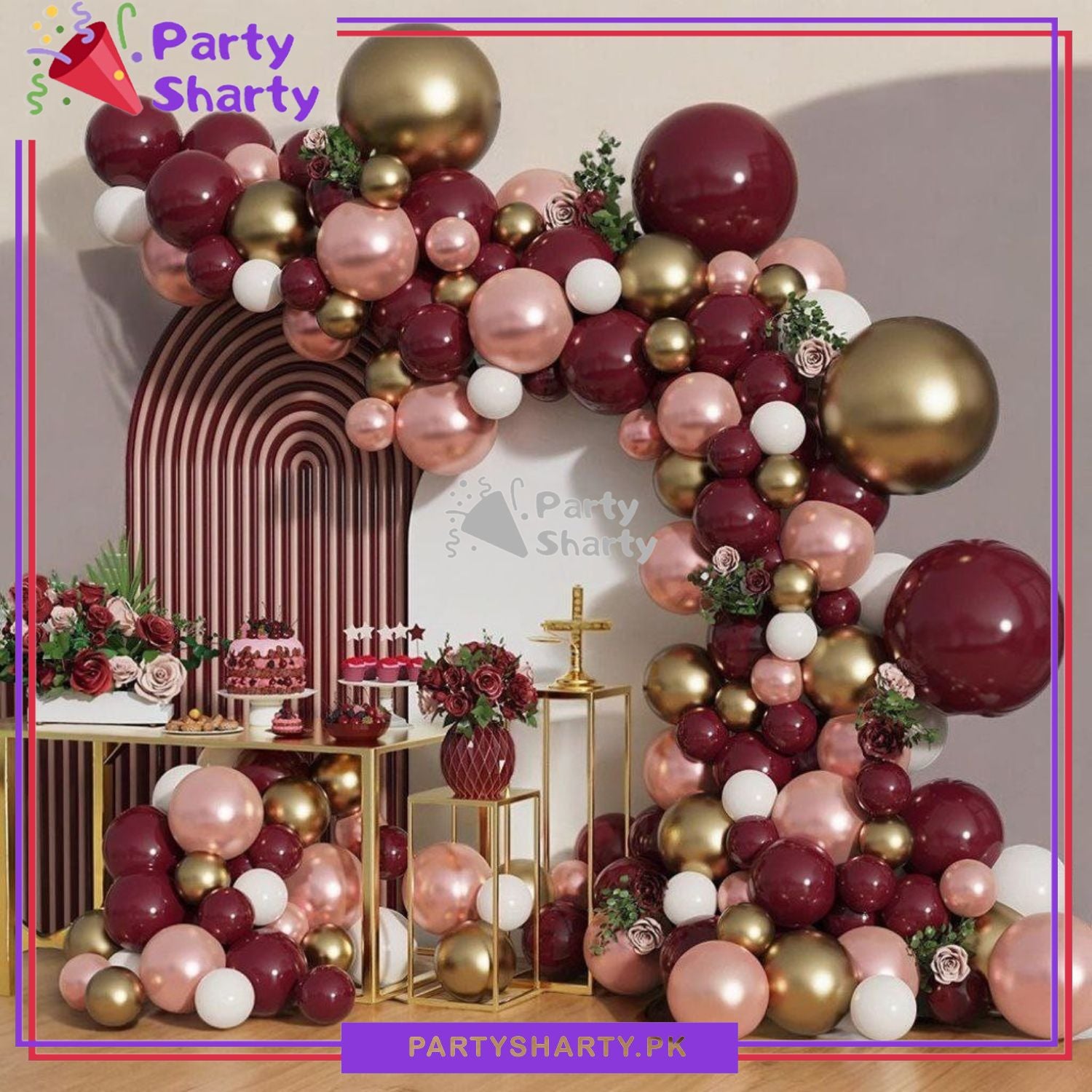 100 pcs Rose Gold, White, Burgundy and Golden Balloons Garland Arch Kit For Birthday, Wedding, Baby Shower, Graduation, Engagement and Party Event Decoration