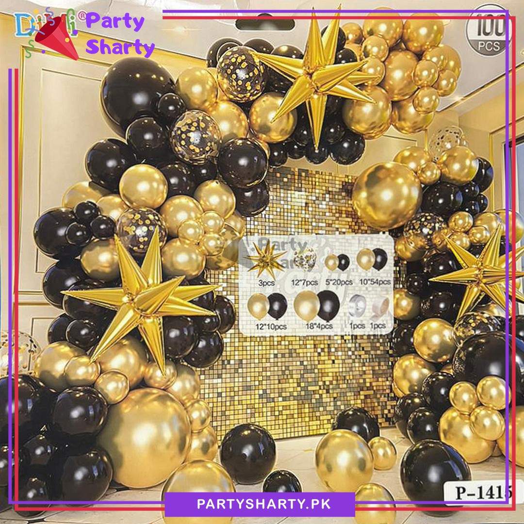 100pcs Black & Metallic Golden with Explosion Stars Garland Arch Kit For Party Event Decoration