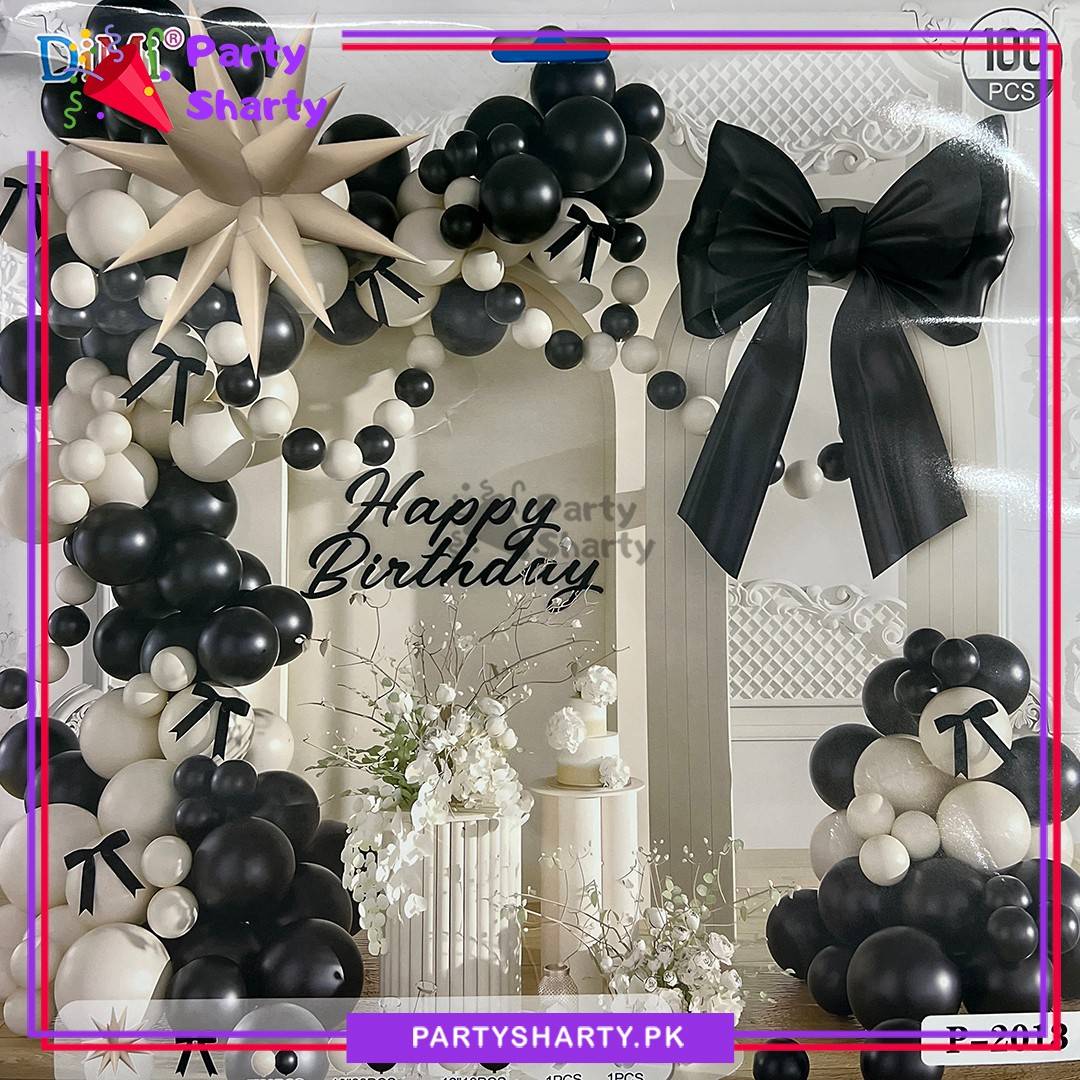 100pcs Black & Sand White Balloons with Black Bow Garland Set For Party Decoration & Celebration