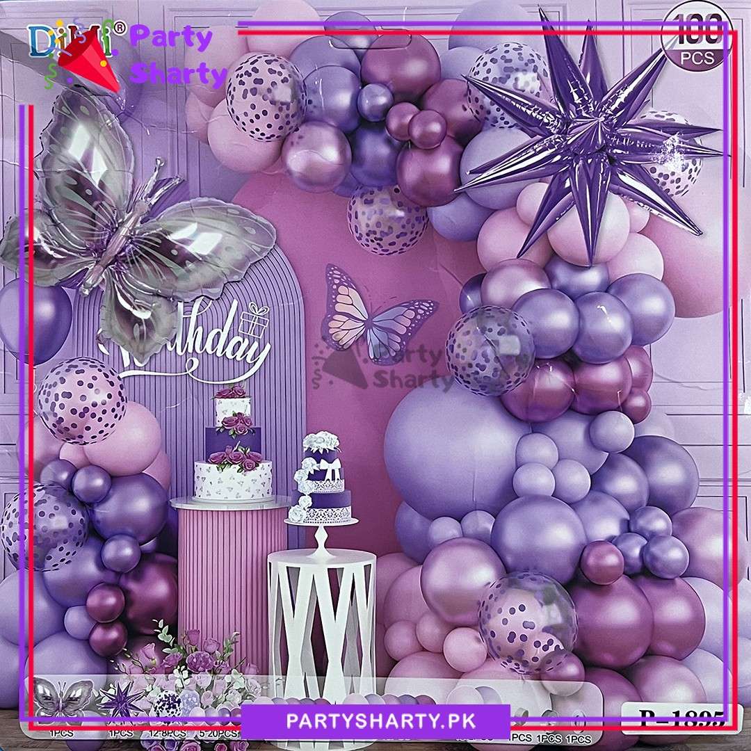 100pcs Baby Pink, Lilac, Metallic Pink & Purple with Butterfly Foil Balloons Garland Set For Butterfly Themed Party Decoration & Celebration