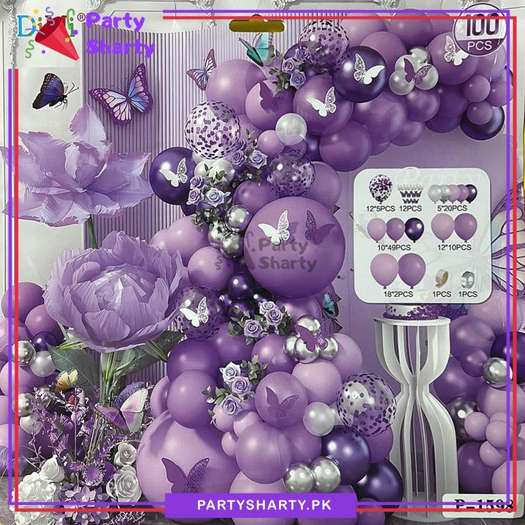 100pcs Dark Purple, Pastel Purple & Metallic Silver with 3D Butterfly Theme Set Garland kit For Theme Party Decoration