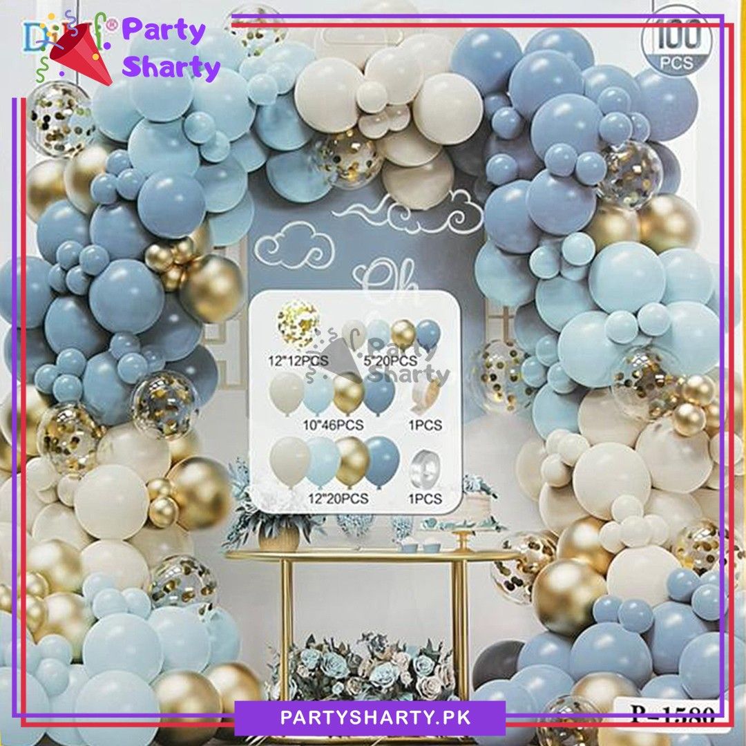 100pcs Dusty Blue, Sea Green, Sand White & Golden Metallic Balloons Garland Theme Set For Party Decoration