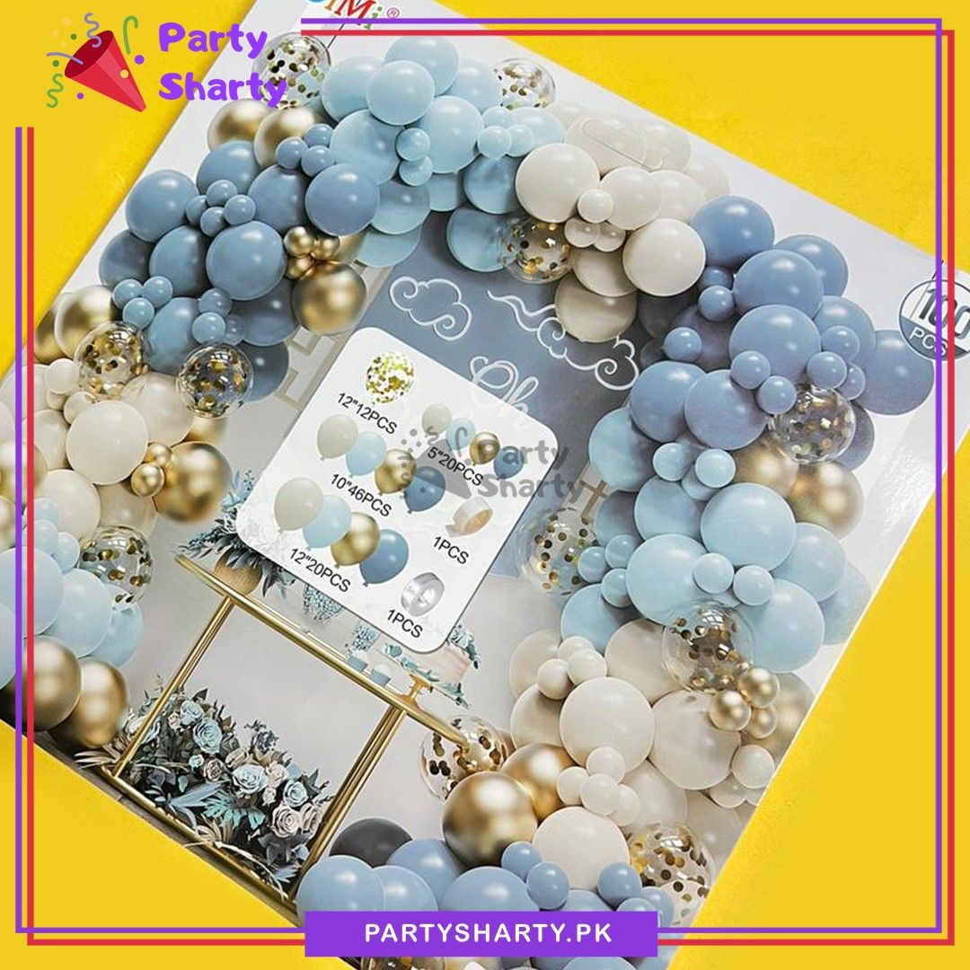 100pcs Dusty Blue, Sea Green, Sand White & Golden Metallic Balloons Garland Theme Set For Party Decoration