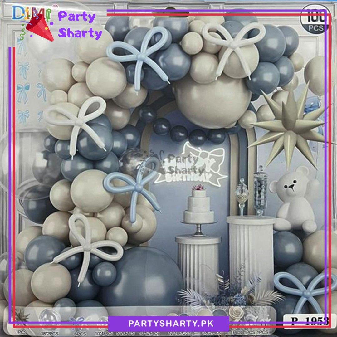 100pcs Lake Blue & Sand White Balloons Garland Theme Set For Bow Themed Party Decoration & Celebration