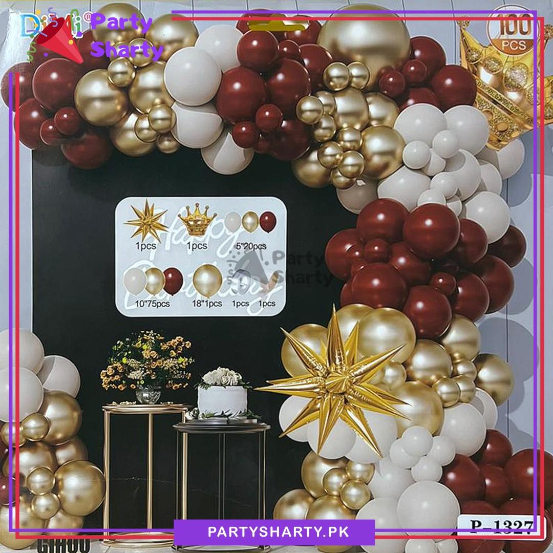 100pcs Maroon, Sand White & Golden Metallic Balloons with Crown Foil Garland Theme Set For Party Decoration