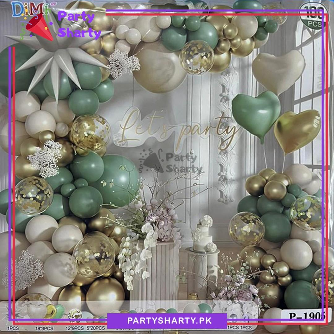 100pcs Sage Green, Sand White & Metallic Golden Balloons Garland Kit for Theme Party Decorations