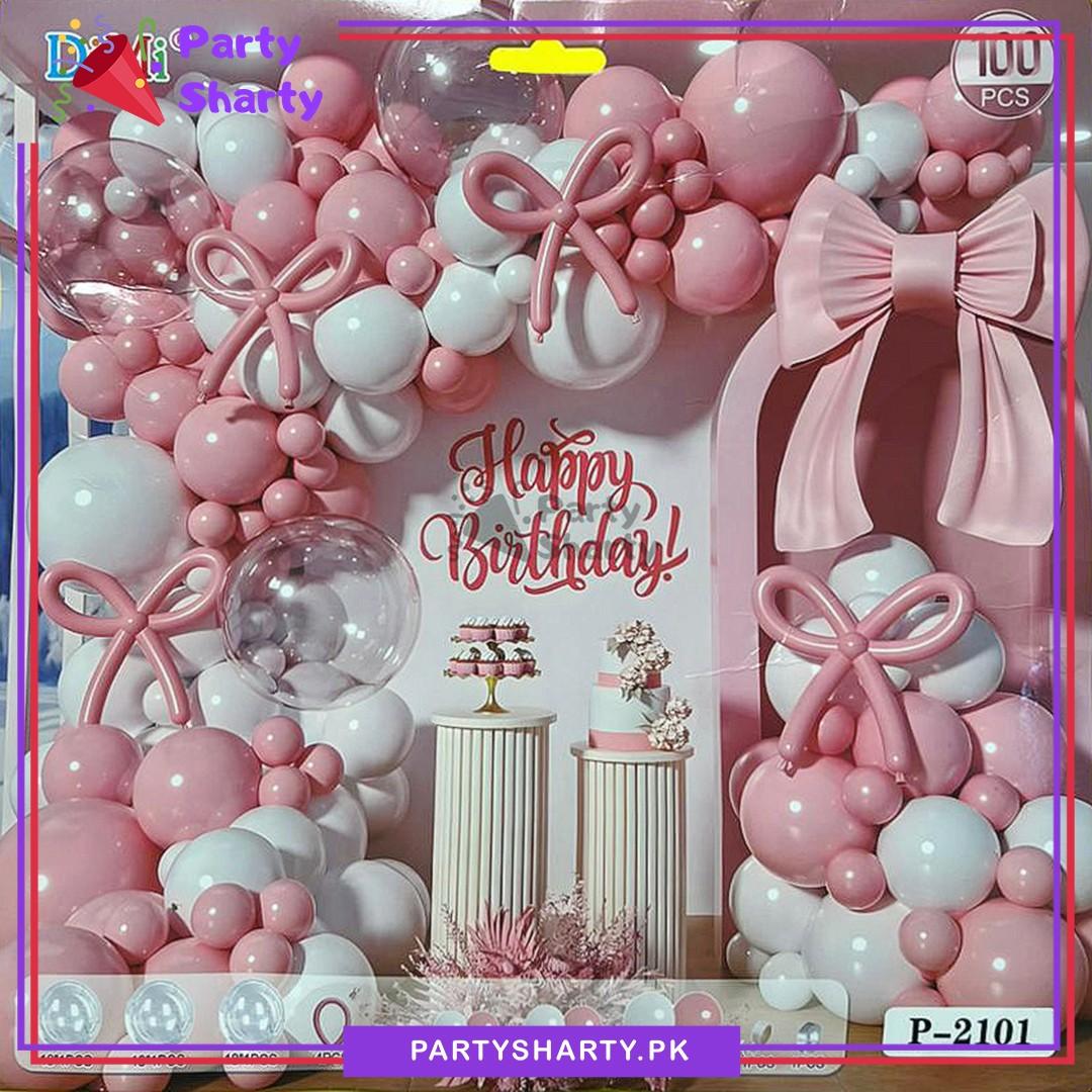 100pcs Pink Bow Long Balloons with Pink & White Balloons Garland Theme Set For Bow Themed Party Decoration & Celebration