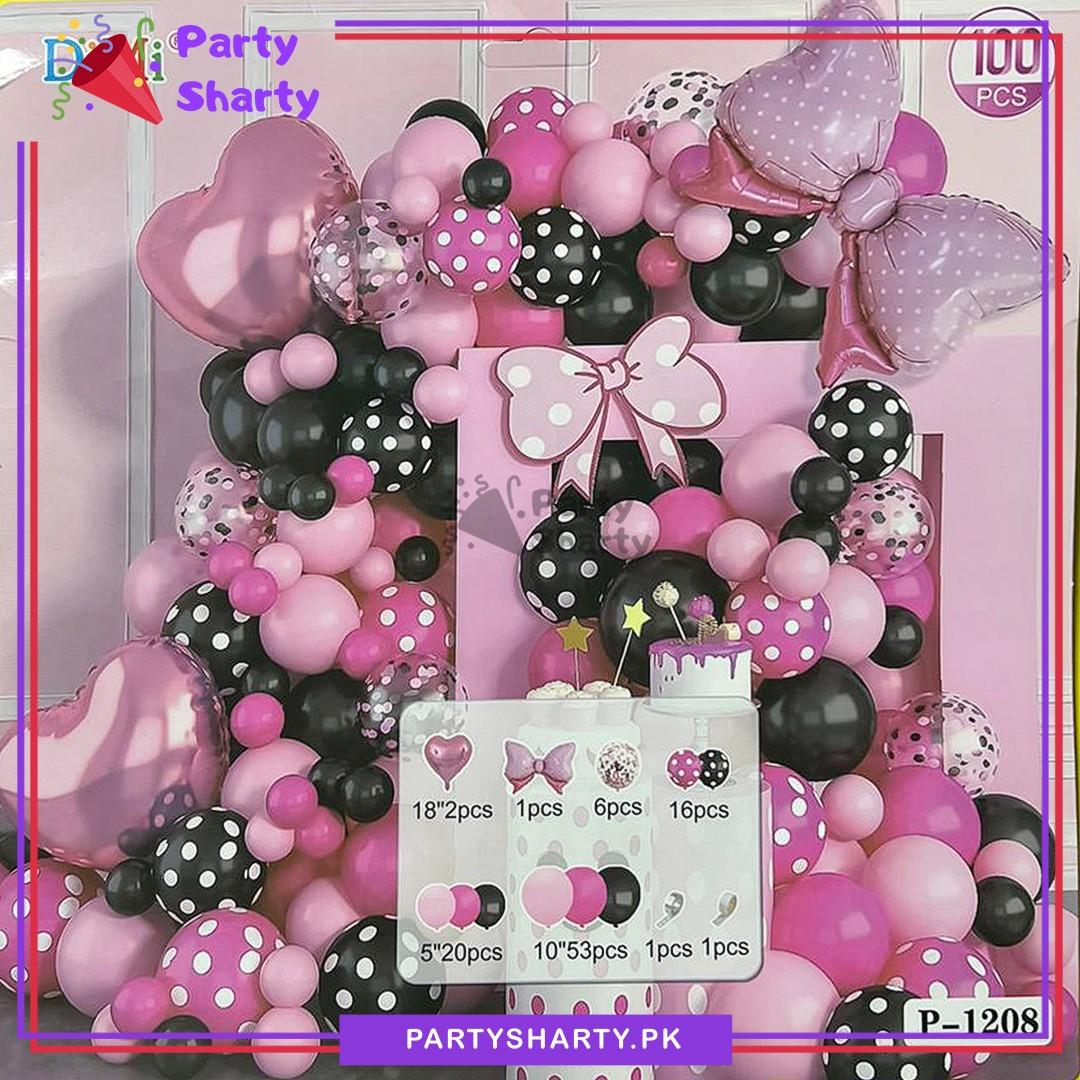 100pcs Baby Pink, Dark Pink & Black Color Minnie Mouse Theme Balloon Garland For Party Celebrations