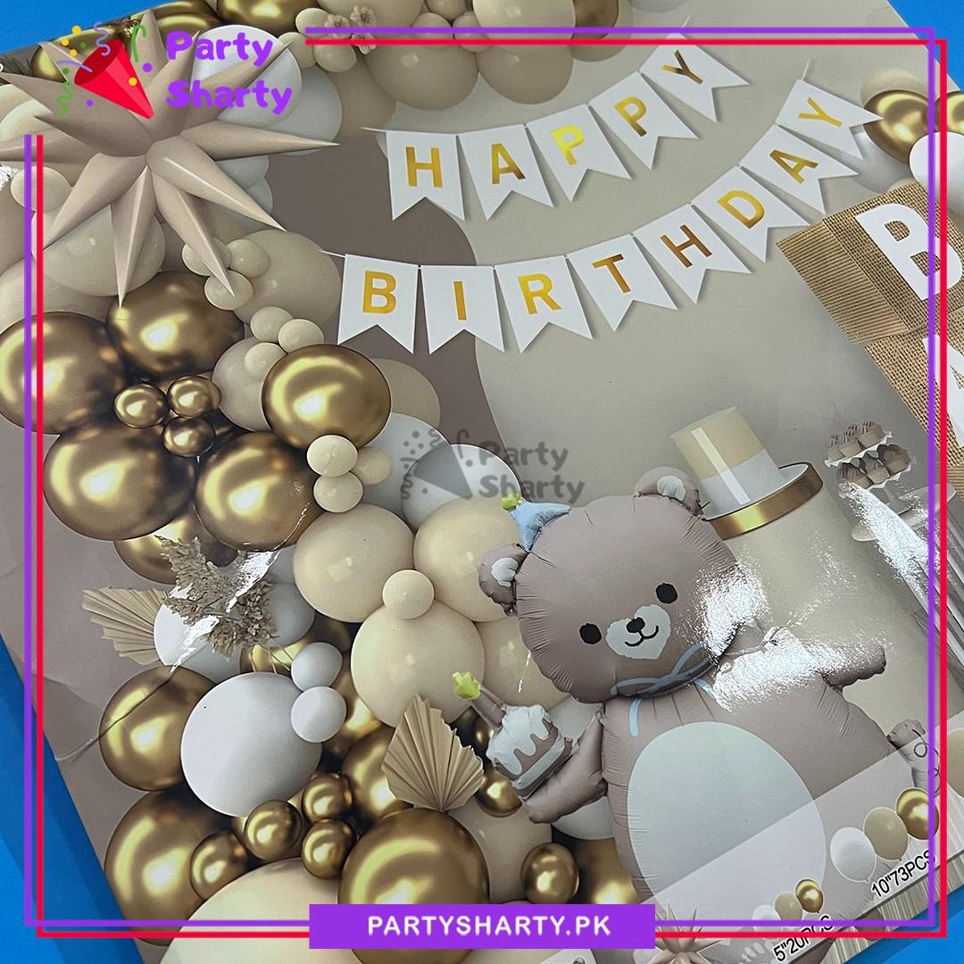 100pcs White Happy Birthday with Teddy Bear Foil Theme Set for Teddy Bear Theme Party Decorations
