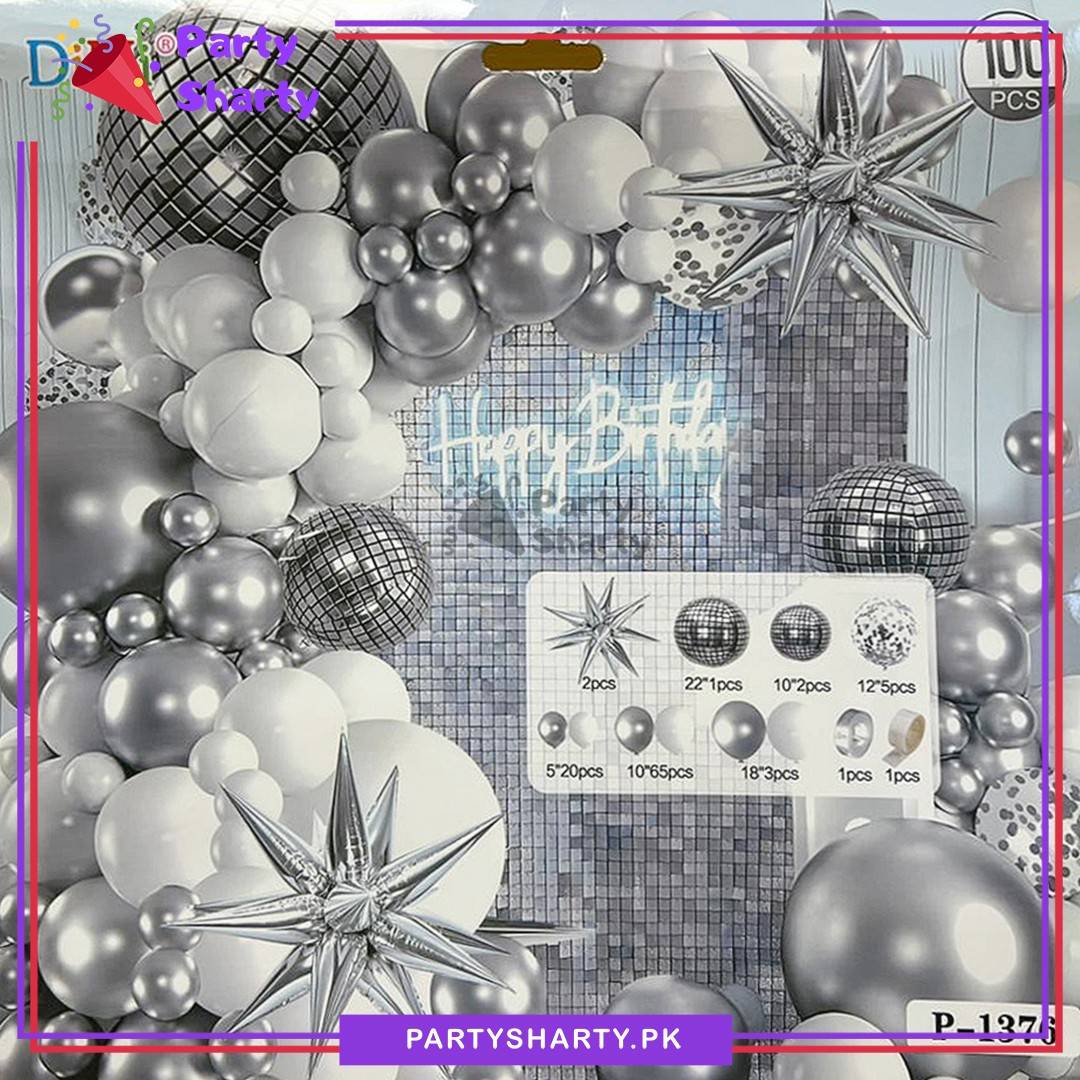 100pcs White & Silver Metallic with Disco Orbz Foil Balloons Garland Theme Set For Party Decoration & Celebration