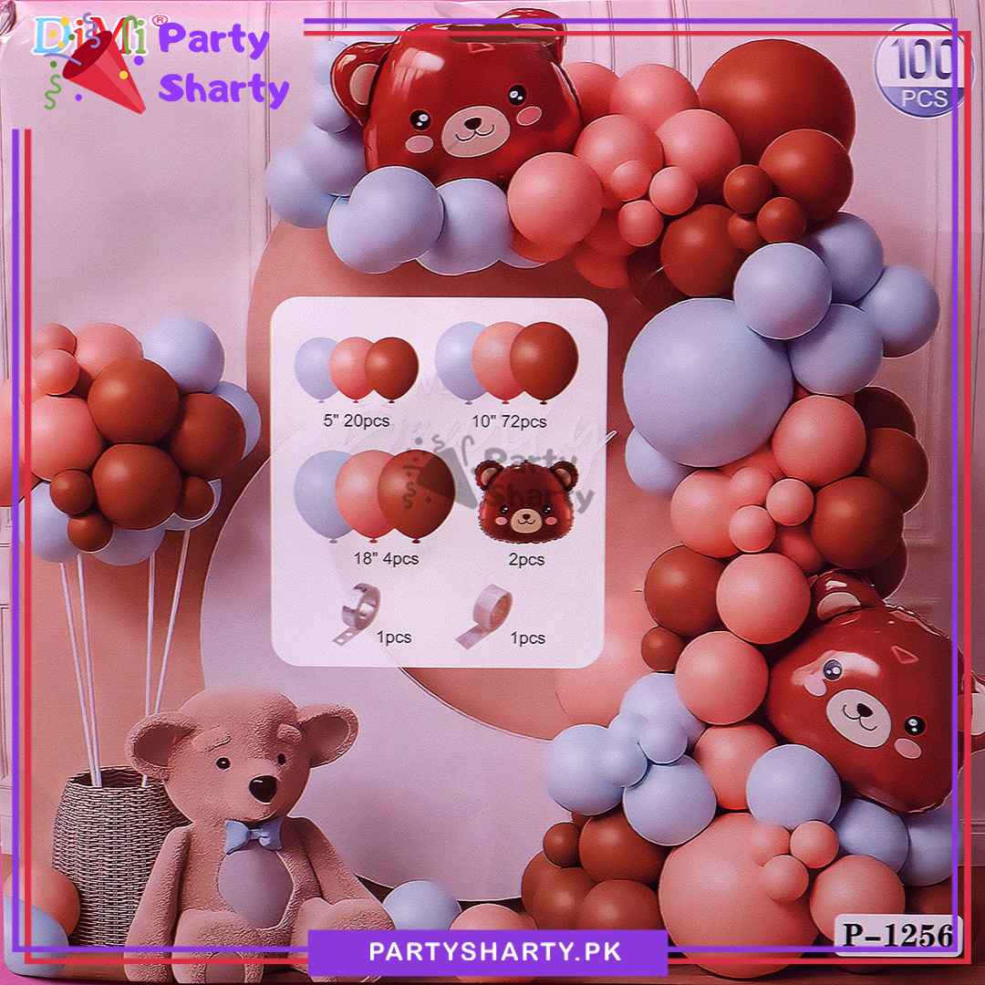 100pcs Baby Blue, Apricot & Mocha Brown with Teddy Bear Head Foil Balloons Garland Theme Set For Party Decoration And Celebration
