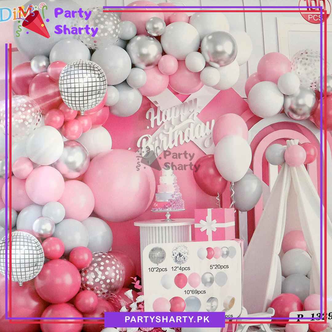 100pcs Baby Pink, Dark Pink, White & Silver Metallic Disco Balloons Garland Theme Set For Butterfly Themed Party Decoration & Celebration