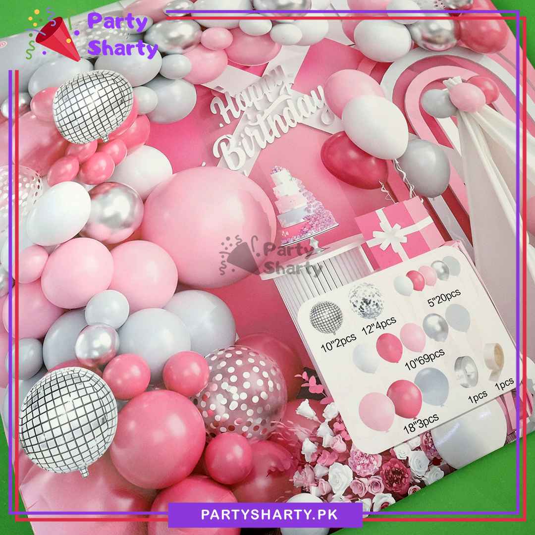 Farty Sharty 100pcs Baby Pink, Dark Pink, White & Silver Metallic Disco Balloons Ga ...