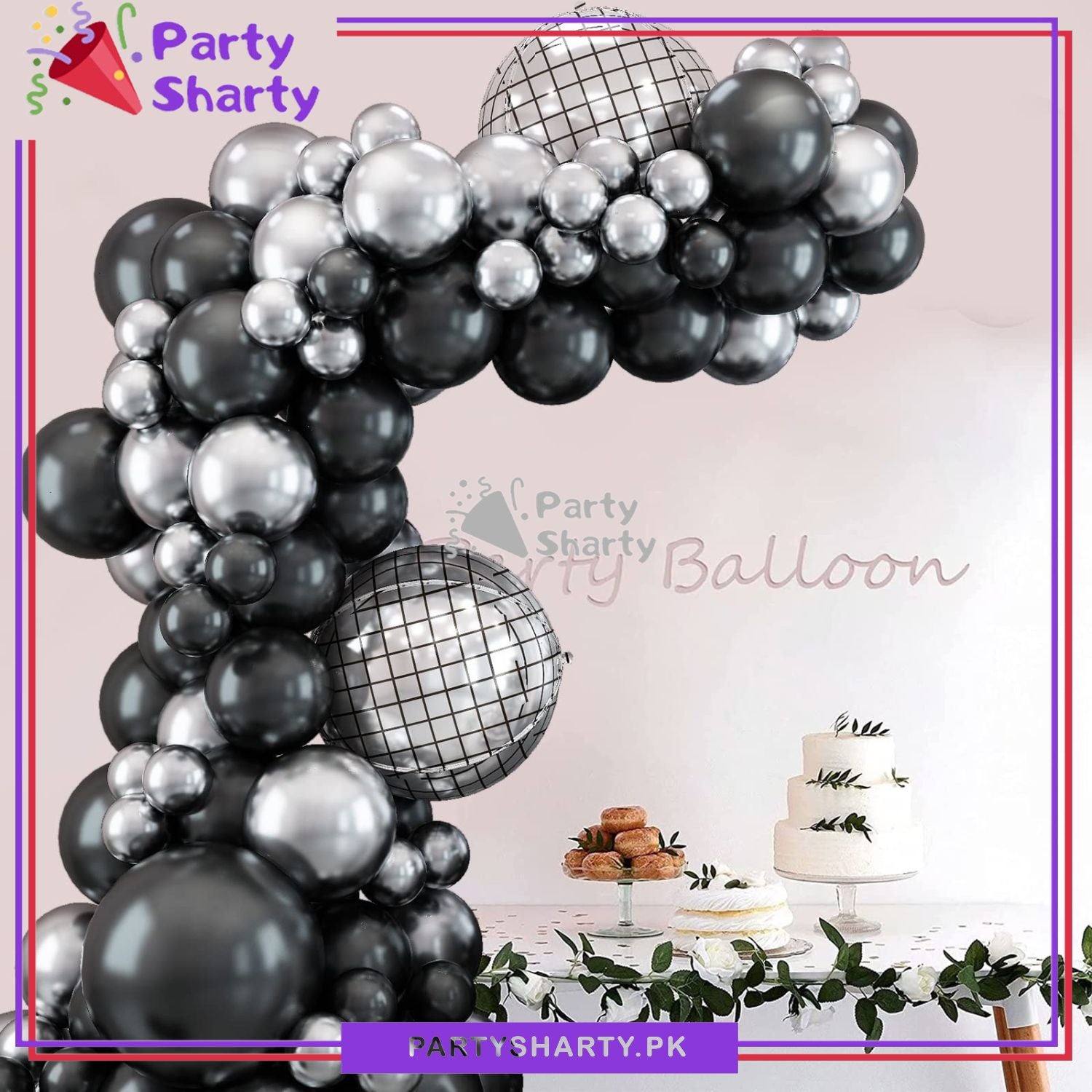100pcs Black & Metallic Silver with Diso Orbz Balloon Garland Arch Kit For Party Event Decoration