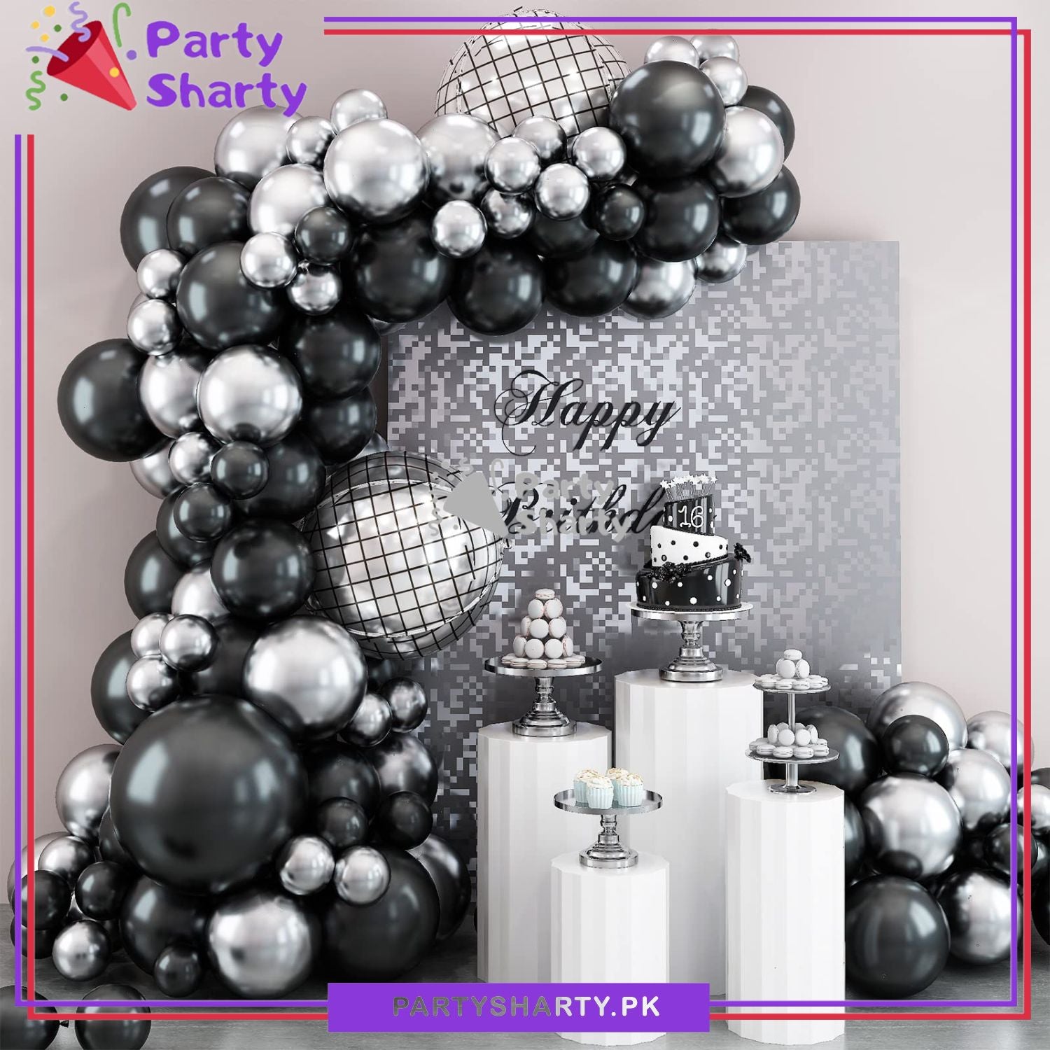 100pcs Black & Metallic Silver with Diso Orbz Balloon Garland Arch Kit For Party Event Decoration