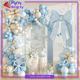 100pcs Blue Bow Long Balloons with Baby Blue, Blue & Sand White Balloons Garland Theme Set For Bow Themed Party Decoration & Celebration