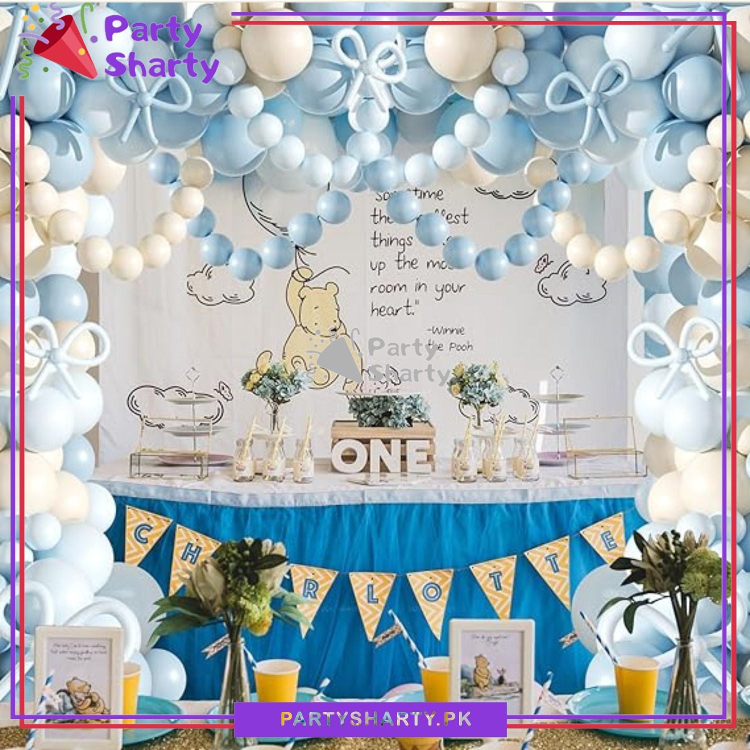 100pcs Blue Bow Long Balloons with Baby Blue, Blue & Sand White Balloons Garland Theme Set For Bow Themed Party Decoration & Celebration
