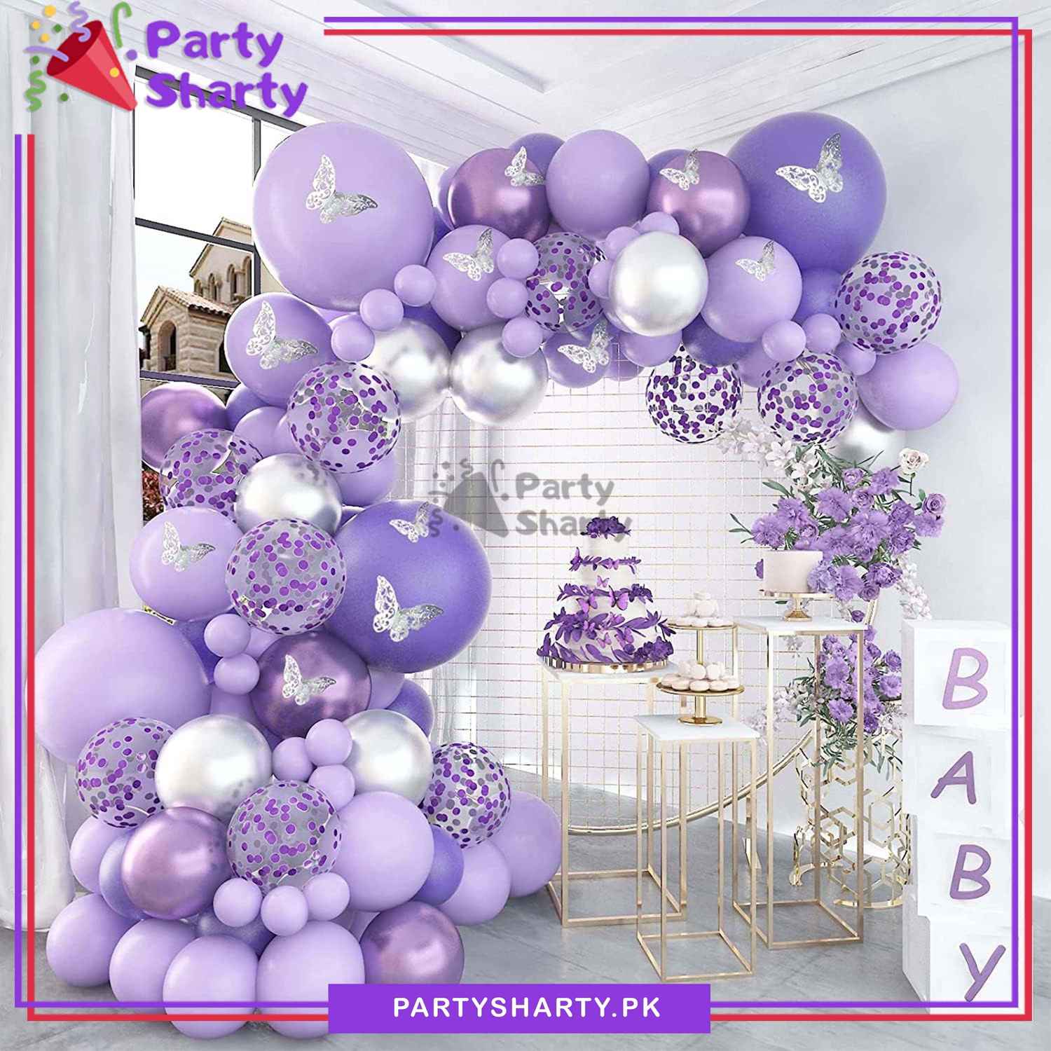 100pcs Butterfly Light & Dark Purple With Silver Metallic Balloons Garland Set For Butterfly Themed Party Decoration & Celebration