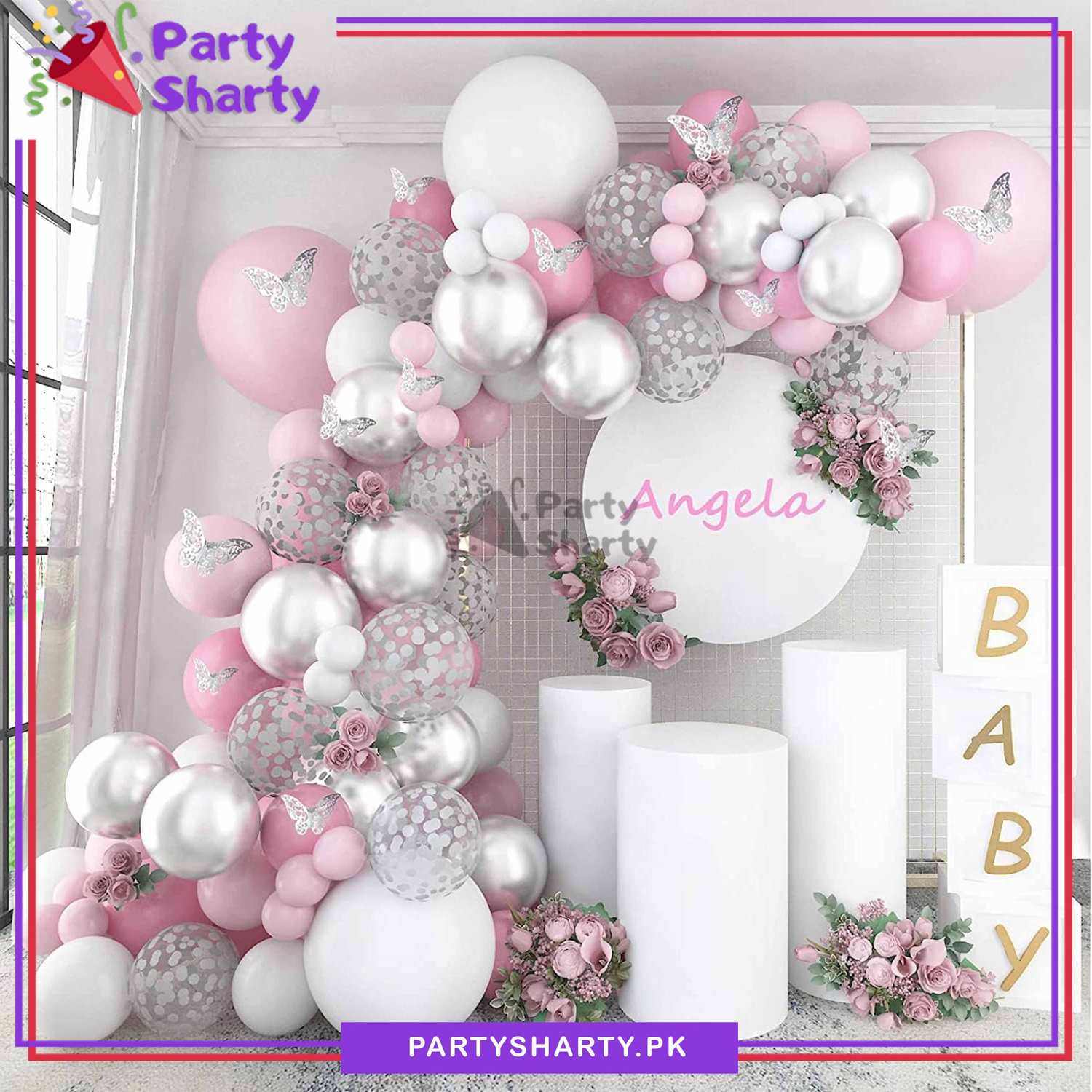 100pcs Butterfly Theme Baby Pink, White & Metallic Silver Balloon Garland Arch Kit For Party Event Decoration