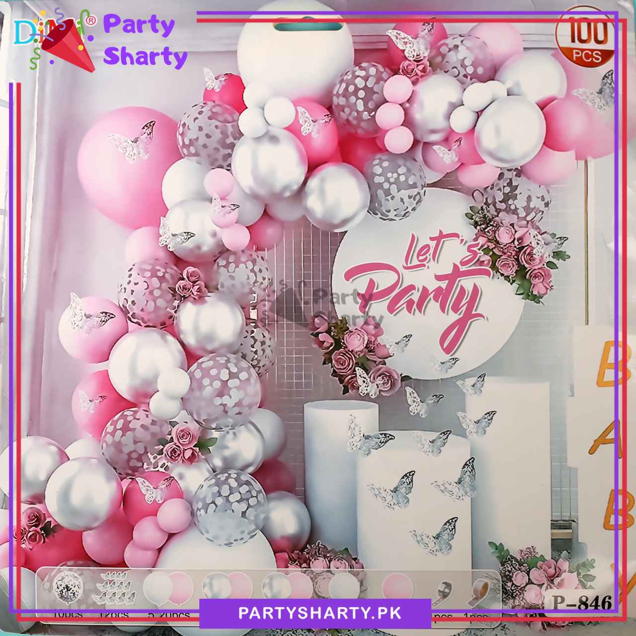 100pcs Butterfly Theme Baby Pink, White & Metallic Silver Balloon Garland Arch Kit For Party Event Decoration