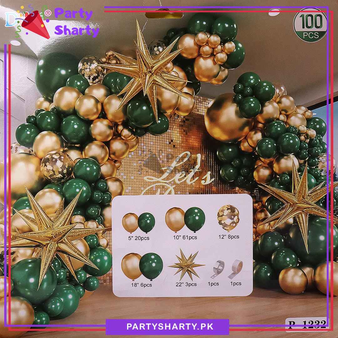 100pcs Dark Green & Metallic Golden Balloons Garland Set For Party Decoration And Celebration