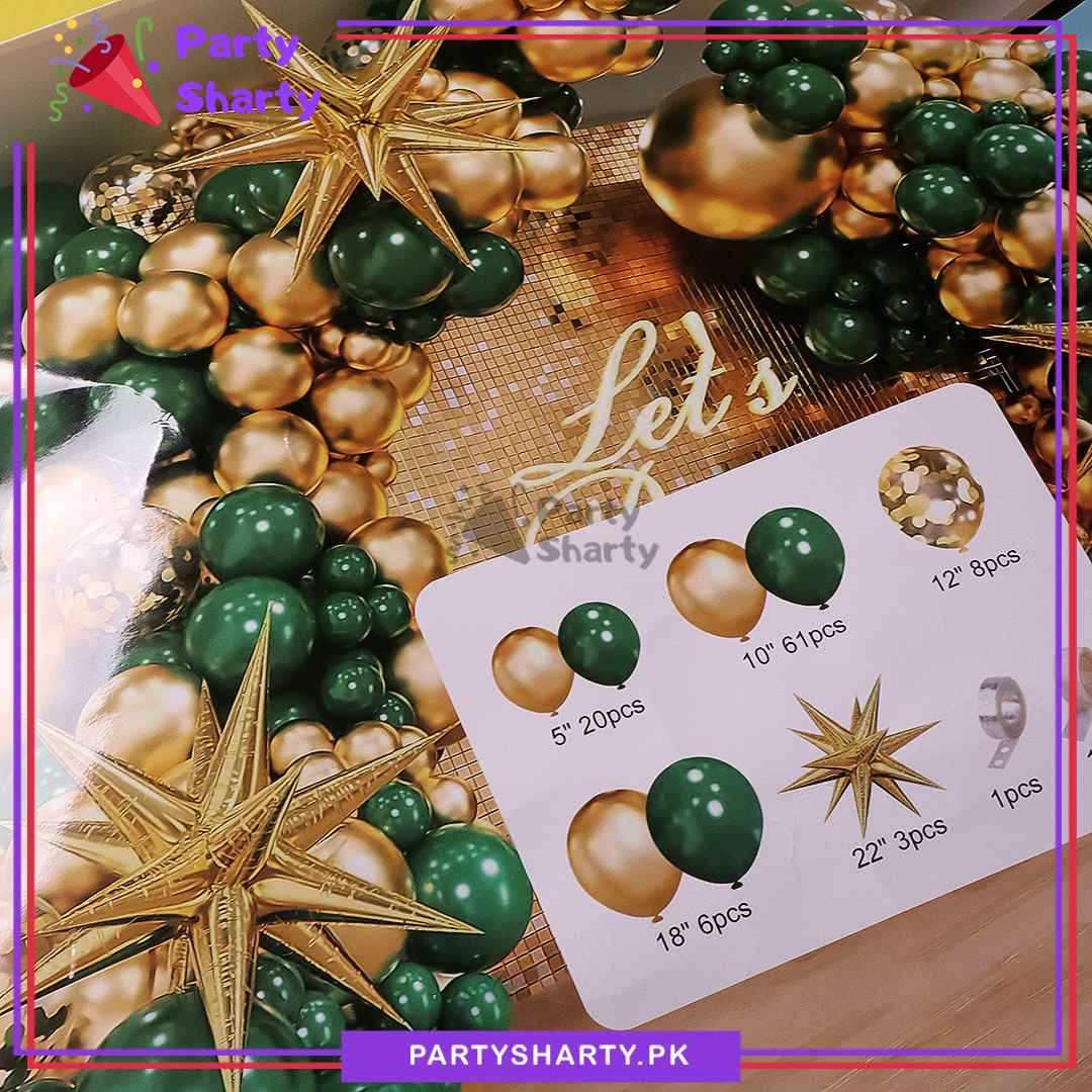 100pcs Dark Green & Metallic Golden Balloons Garland Set For Party Decoration And Celebration