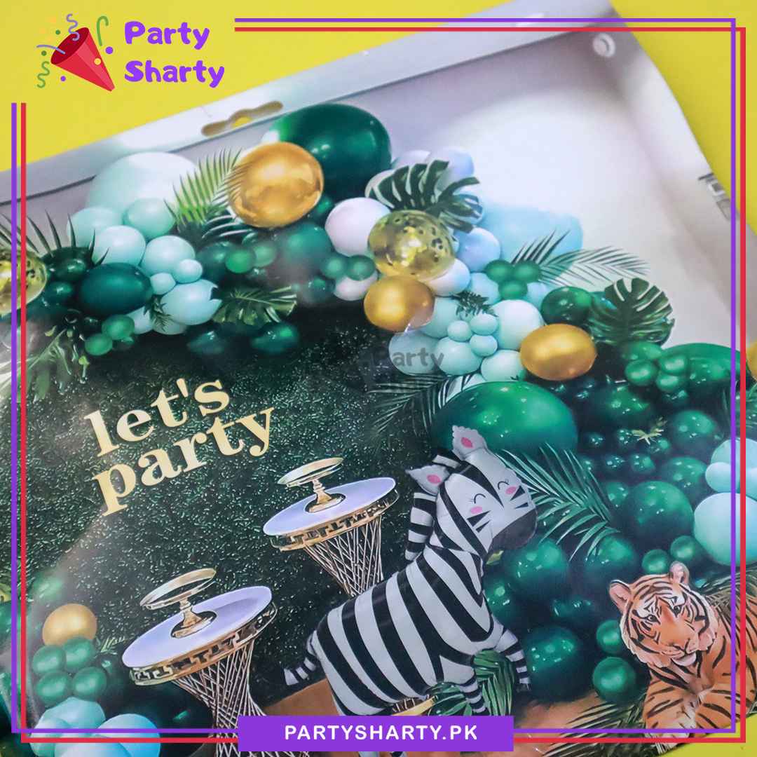100pcs Dark Green, Sea Green & Golden Balloons with Zebra Foil Balloon Set For Jungle / Safari Theme Decoration