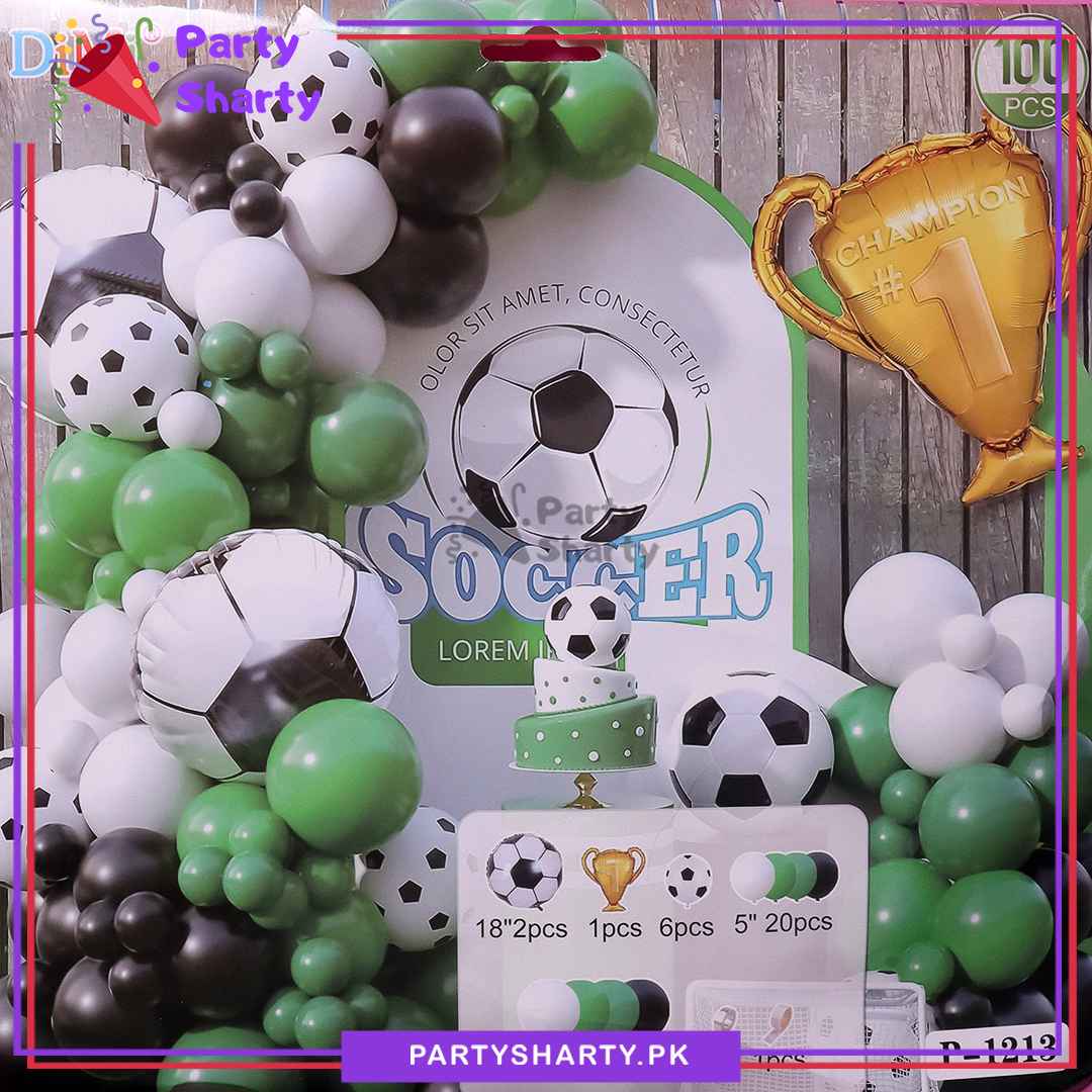 100pcs Green, White And Black Football Theme Balloon Garland Set For Themed Party Decoration And Celebration
