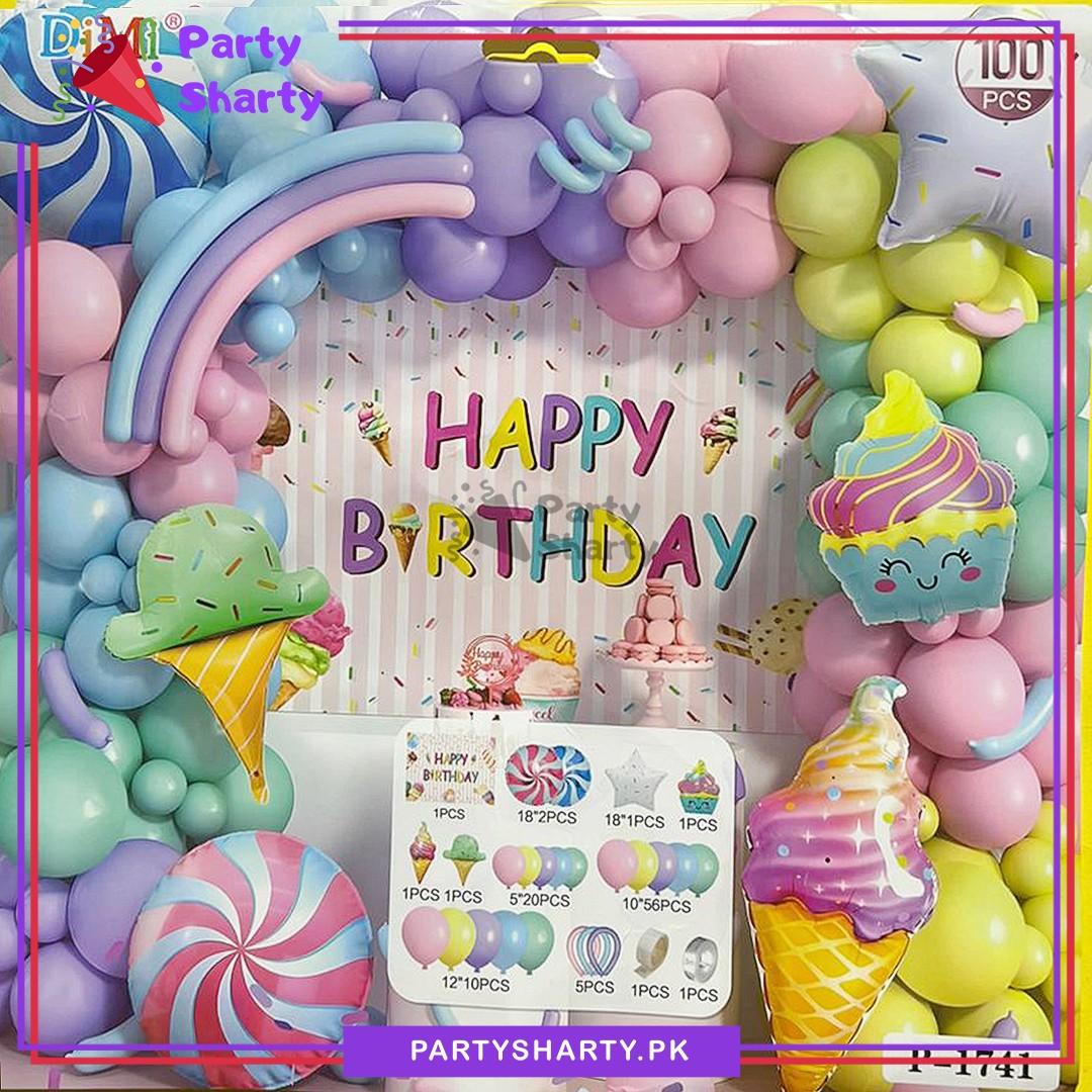 100pcs Happy Birthday Poster with Candyland Theme Balloons Set For Theme Decoration & Celebration