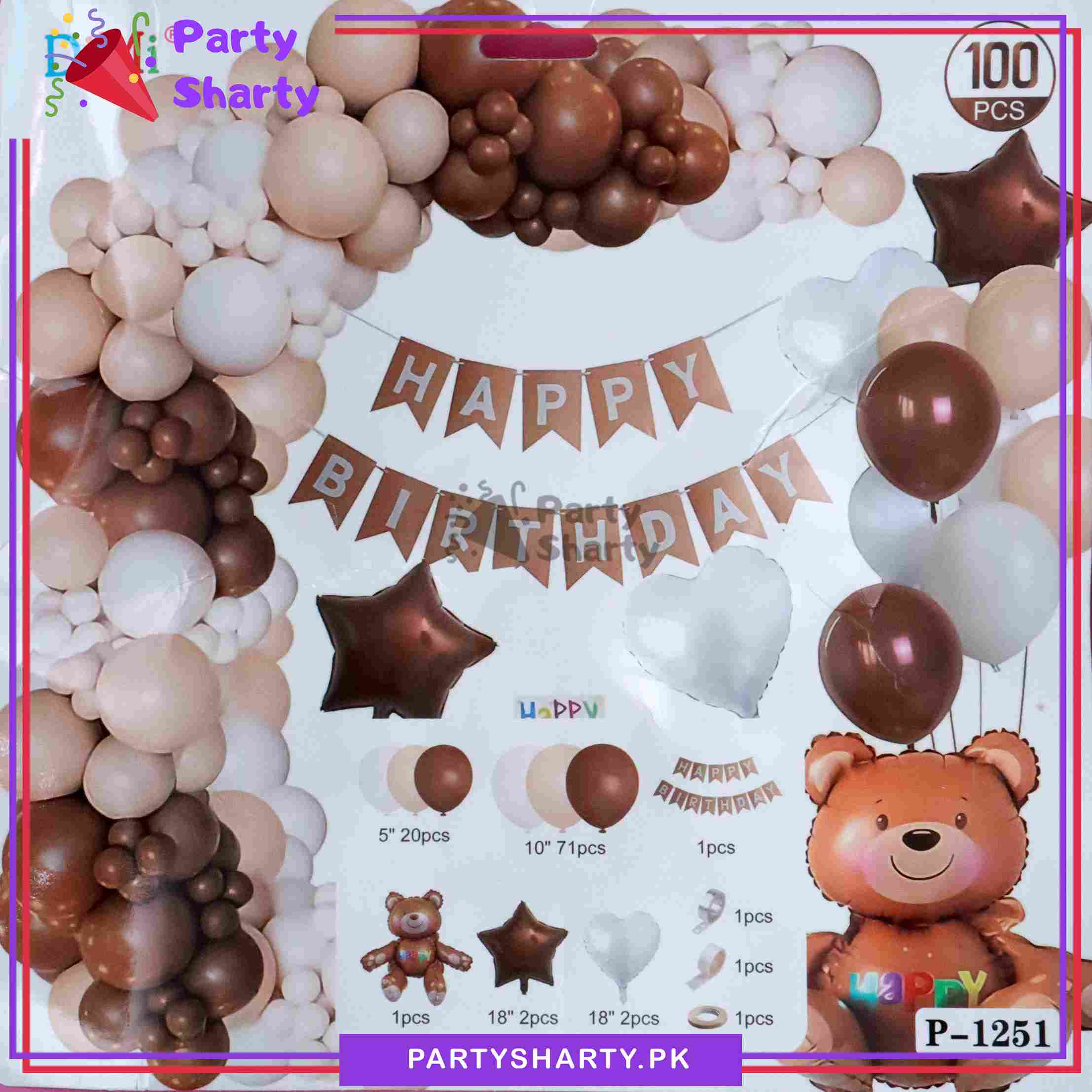 100pcs Happy Birthday with Teddy Bear Theme Set Balloons Kit for Teddy Bear Theme Party Decorations