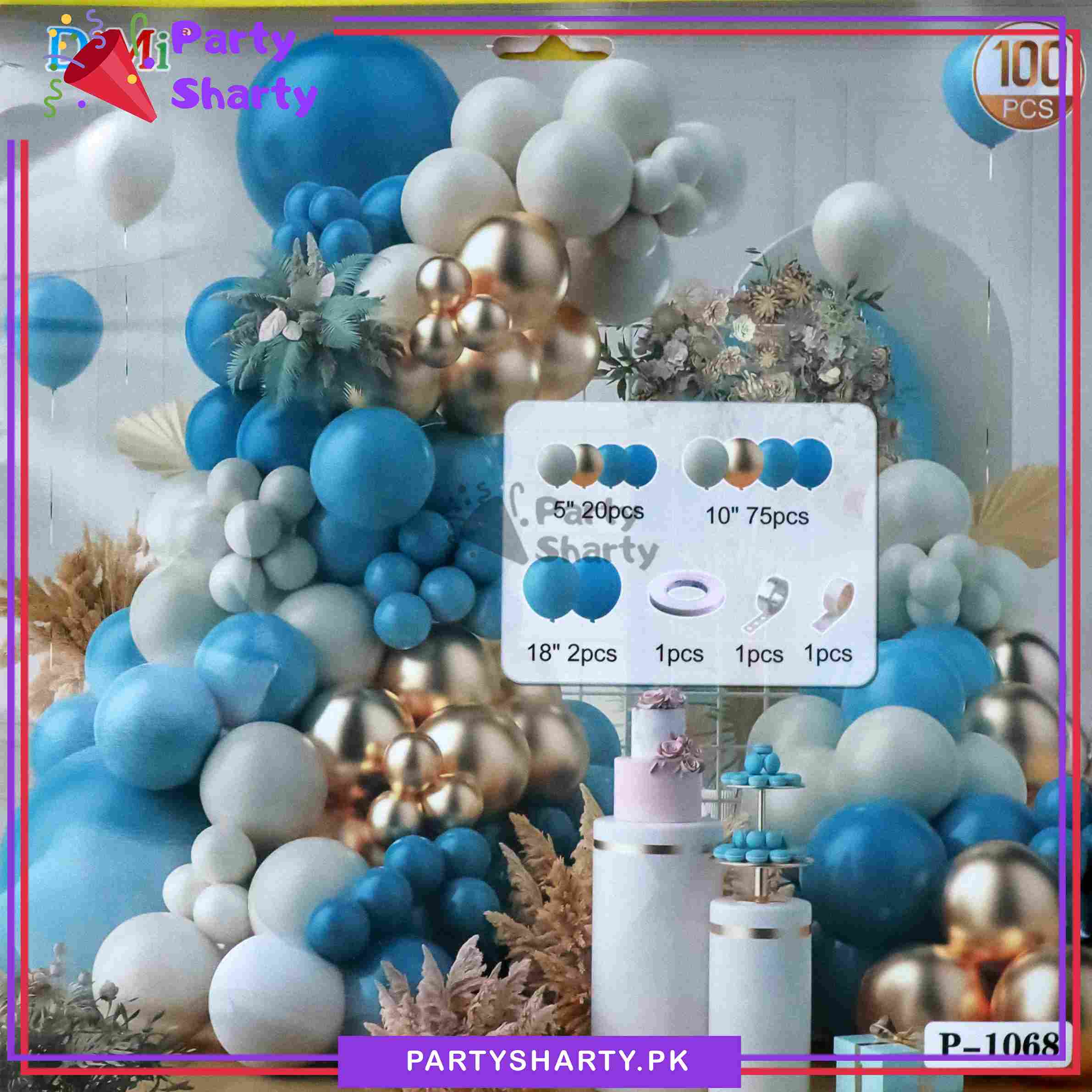 100pcs Lake Blue, Metallic Golden & White Balloons Garland Set For Theme Party Decorations