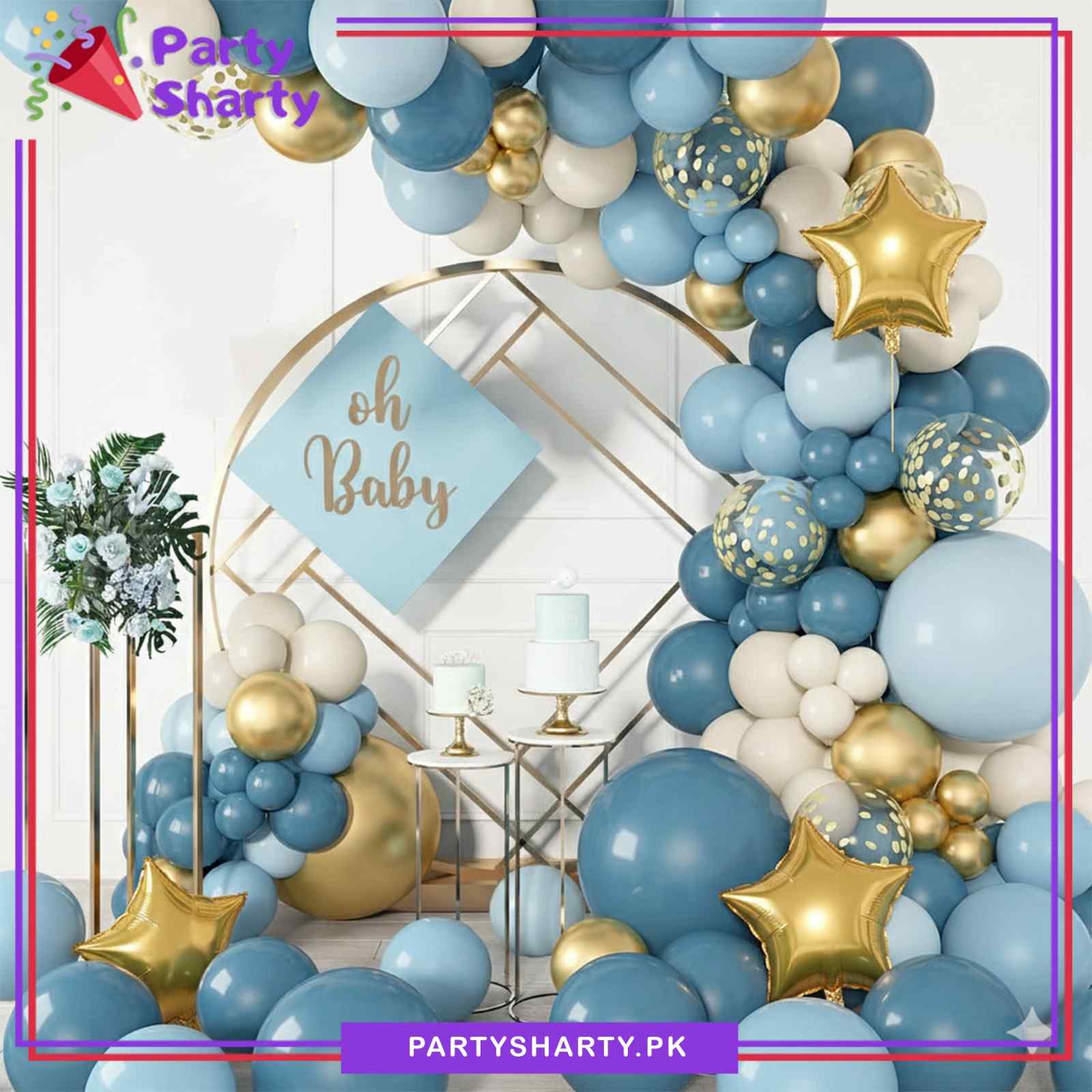 100pcs Lake Blue, Sand White, Sky Blue & Golden Metallic Balloons Garland Theme Set For Party Decoration