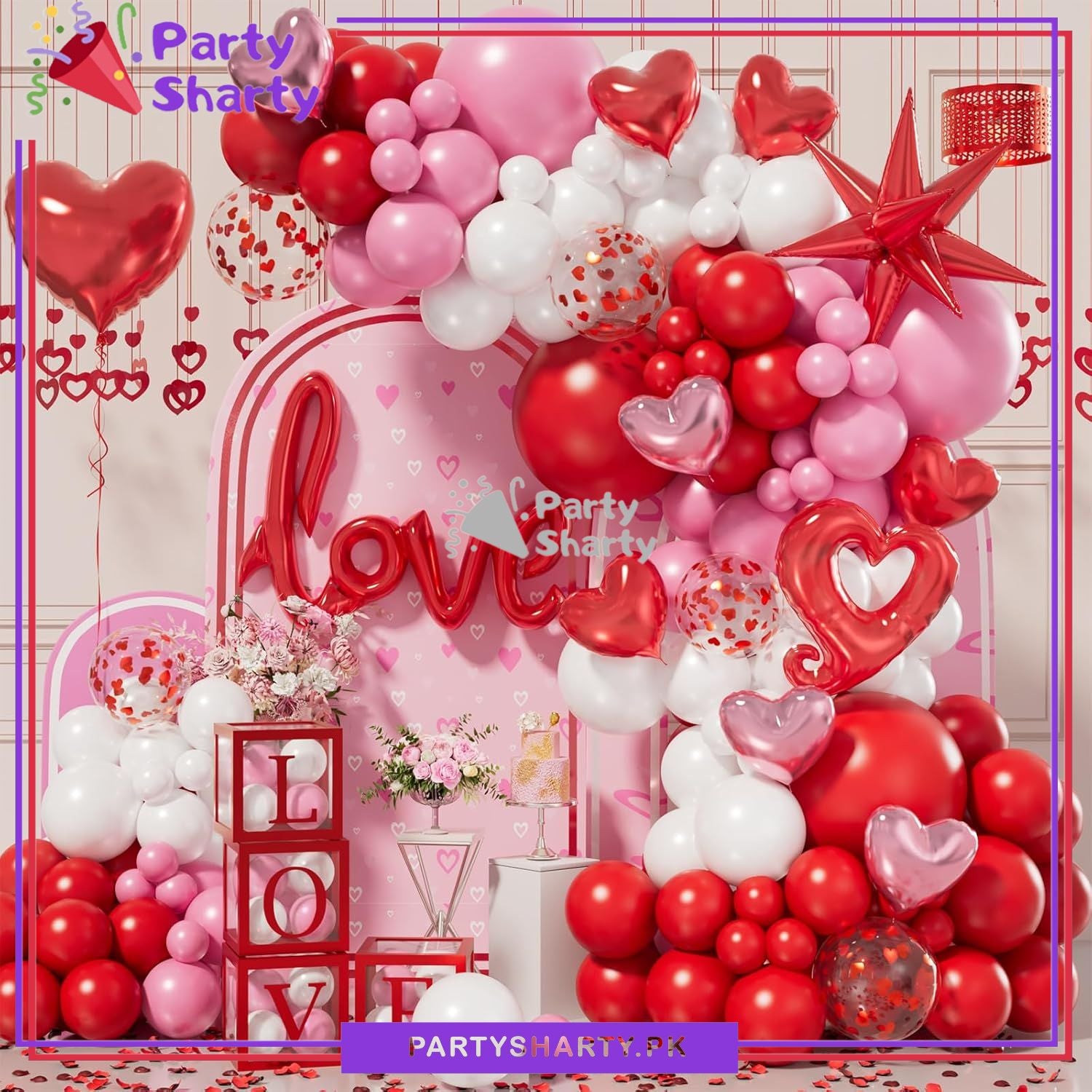 100pcs Love Scripted Foil Banner with Red, Pink & White Balloon Garland Theme Set for Valentine, Wedding Anniversary Decoration and Celebration