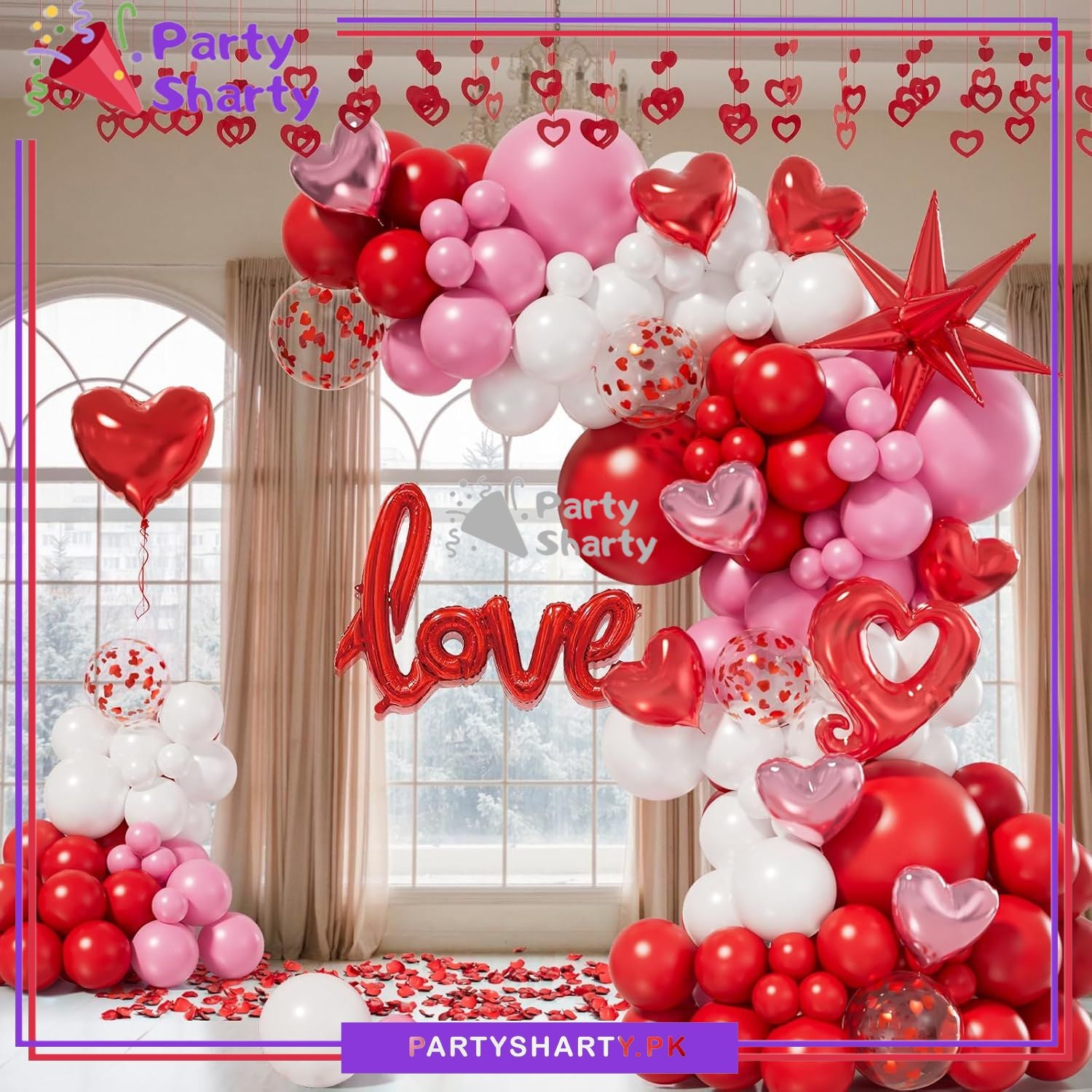 100pcs Love Scripted Foil Banner with Red, Pink & White Balloon Garland Theme Set for Valentine, Wedding Anniversary Decoration and Celebration