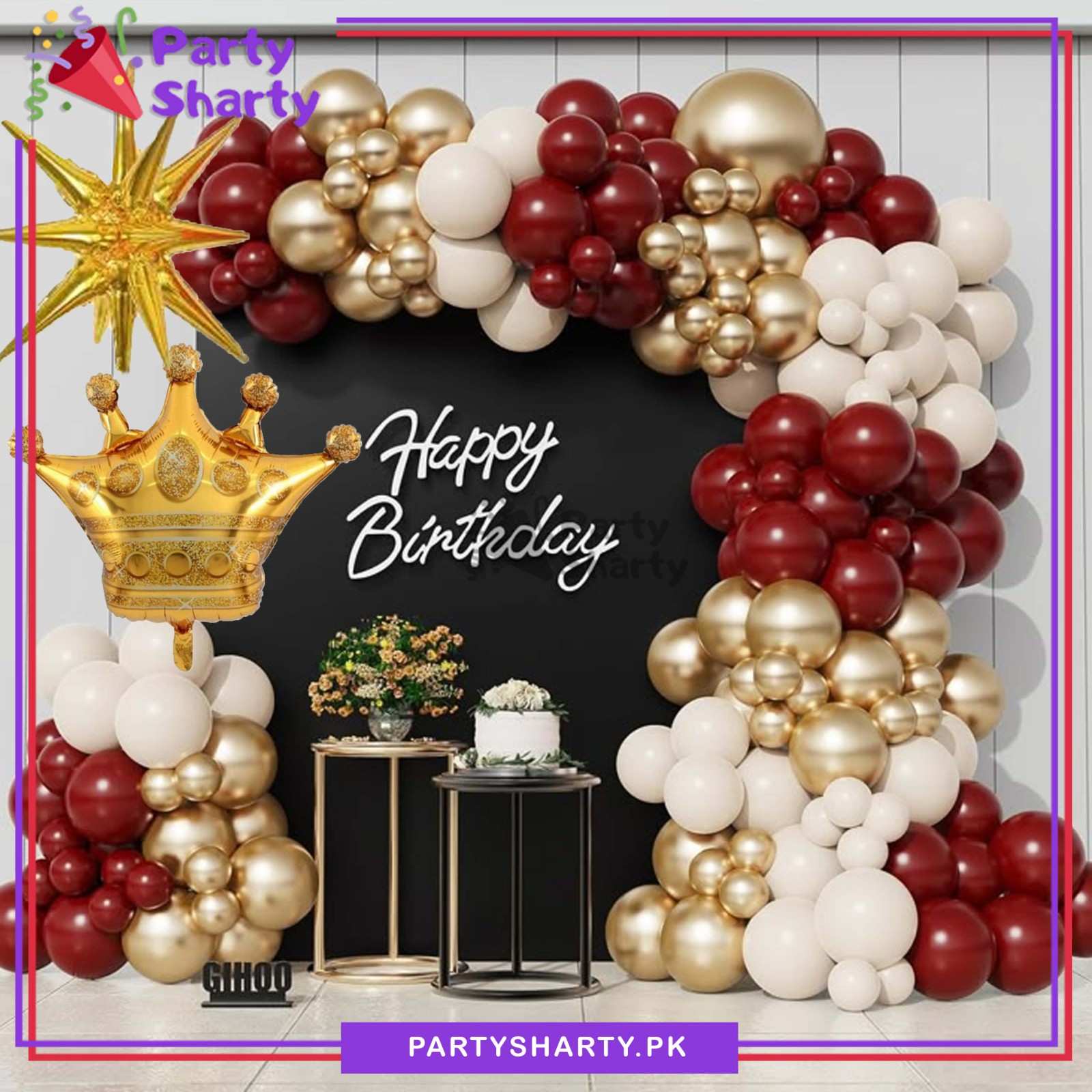 100pcs Maroon, Sand White & Golden Metallic Balloons with Crown Foil Garland Theme Set For Party Decoration