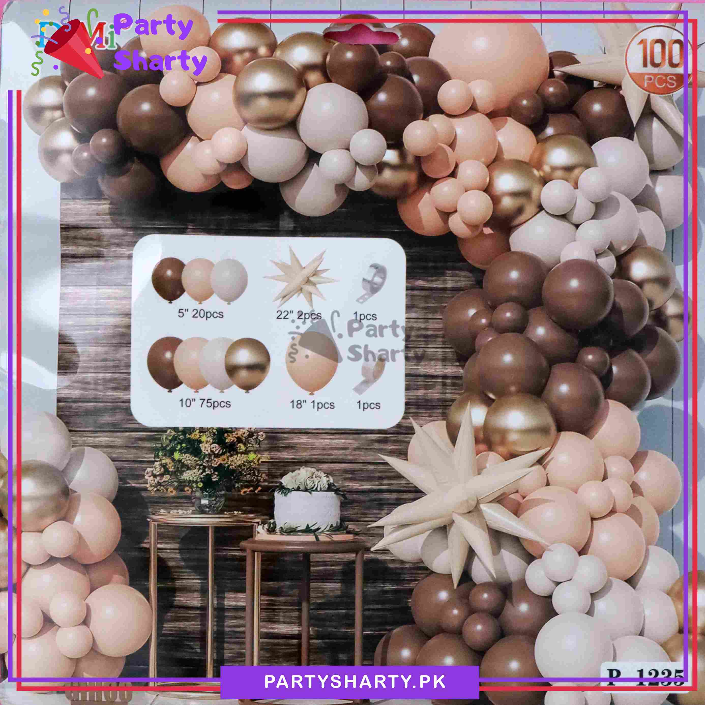 100pcs Mocha Brown, Apricot, Sand White & Golden Metallic Balloons Garland Kit for Theme Party Decorations