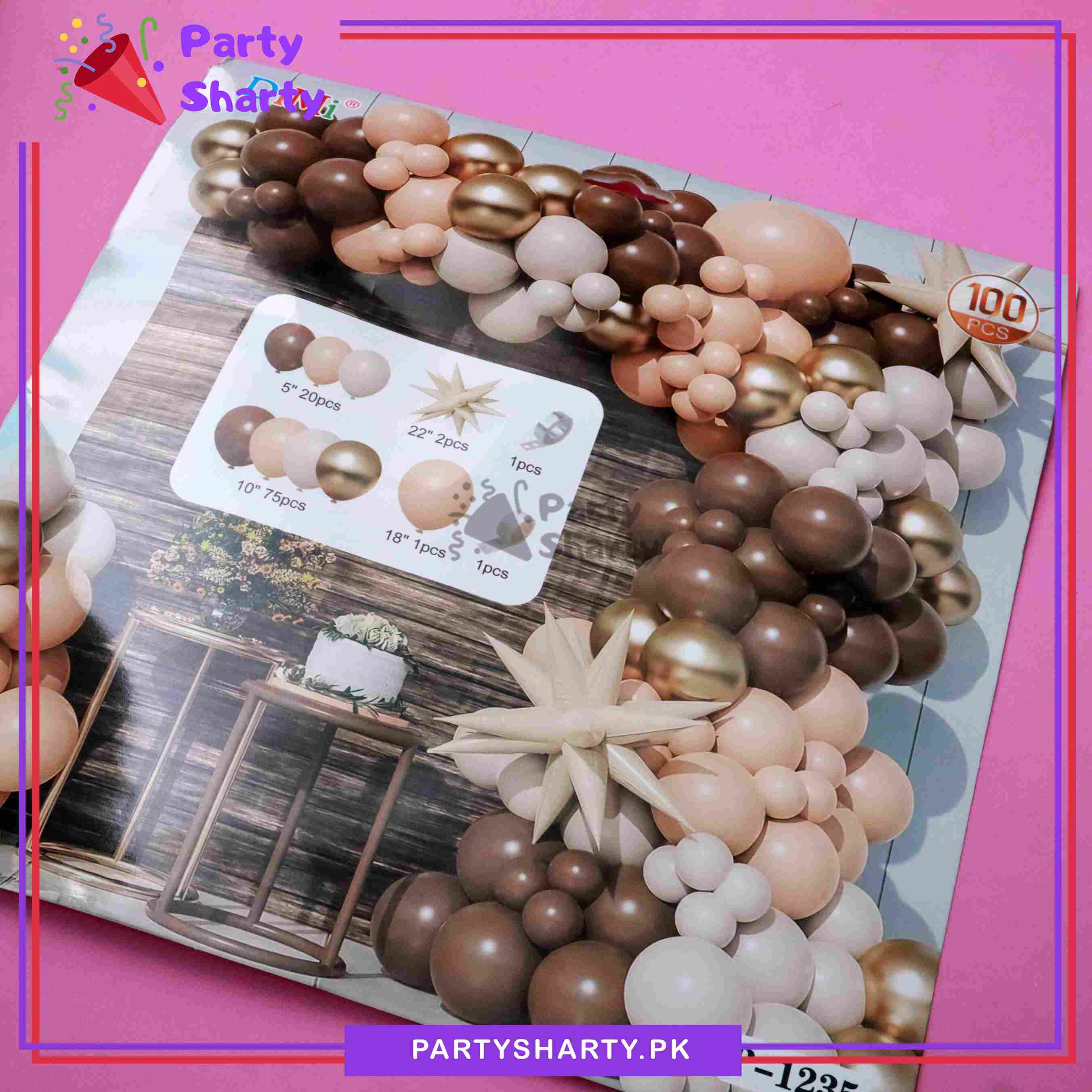 100pcs Mocha Brown, Apricot, Sand White & Golden Metallic Balloons Garland Kit for Theme Party Decorations