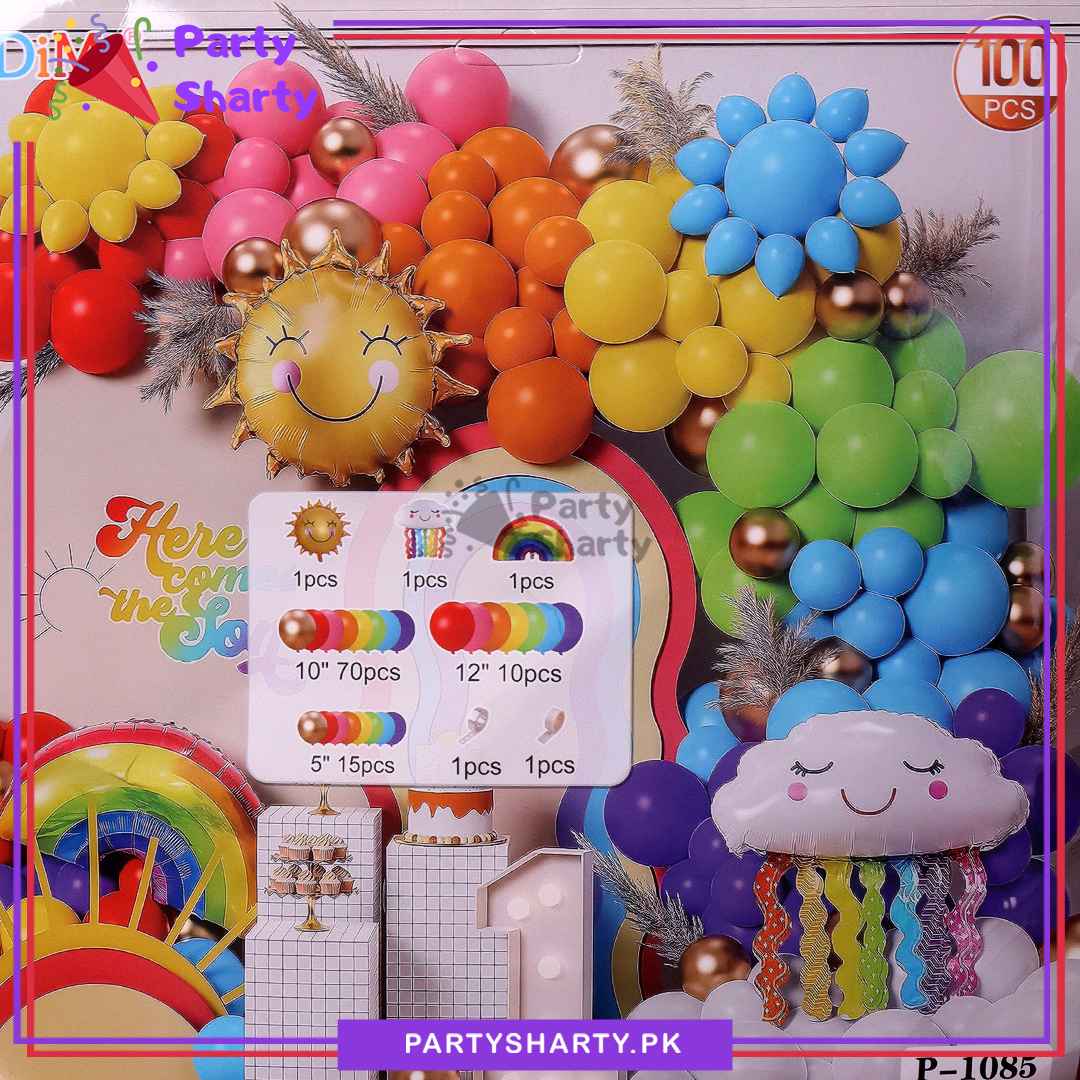 100pcs Multi Color Cloud Rainbow & Smiley Sun Balloons Garland Theme Set For Rainbow Themed Party Decoration & Celebration