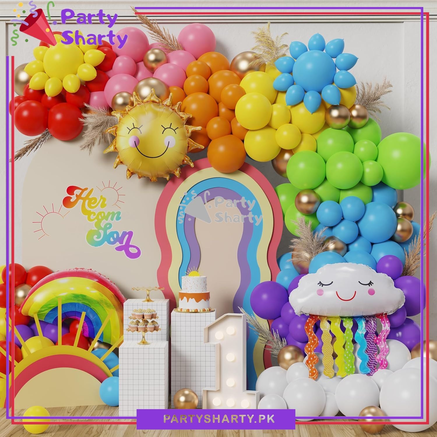 100pcs Multi Color Cloud Rainbow & Smiley Sun Balloons Garland Theme Set For Rainbow Themed Party Decoration & Celebration