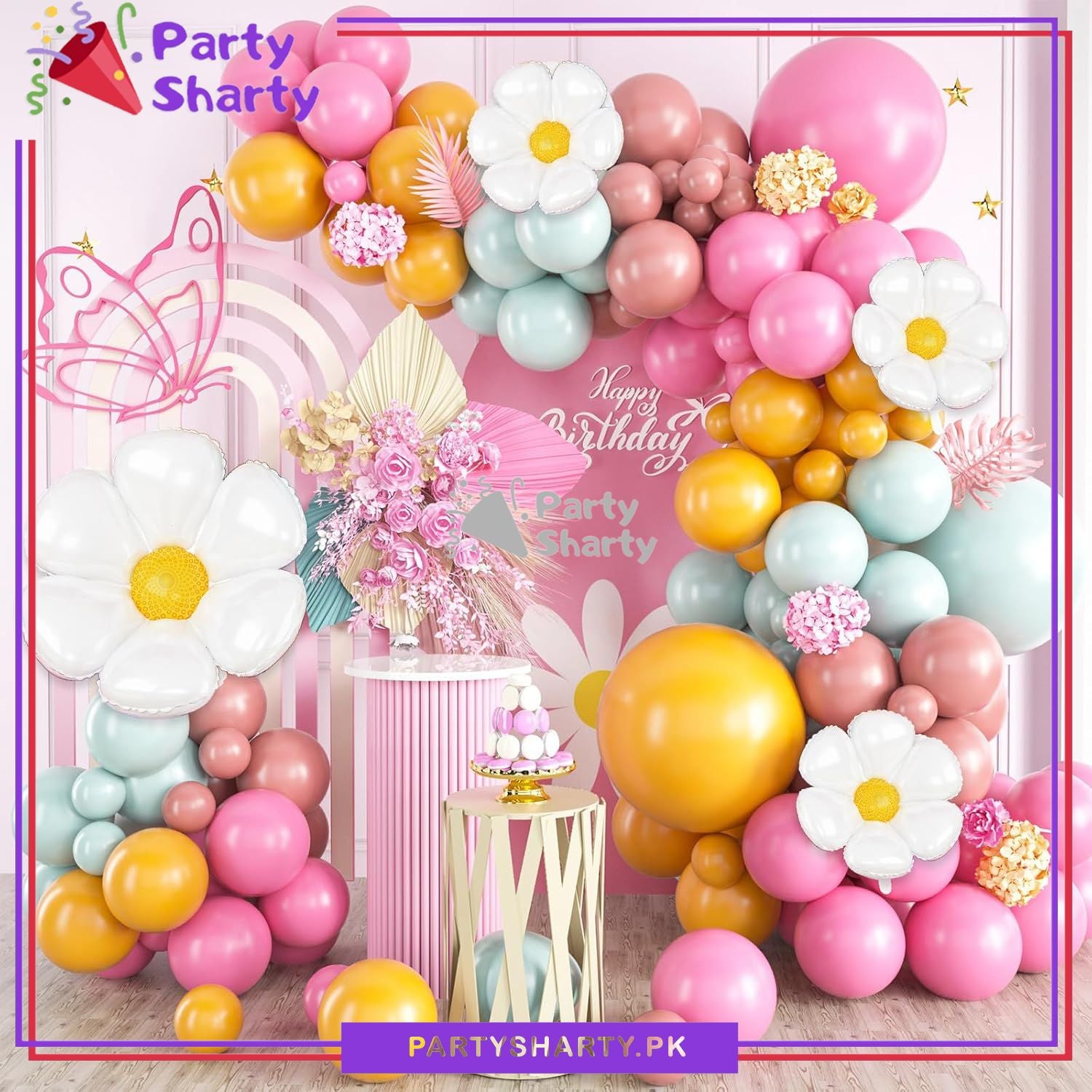 100pcs Mustard Yellow, Retro Pink, Magenta Pink & Light Sea Green with Daisy Balloons Garland Theme Set