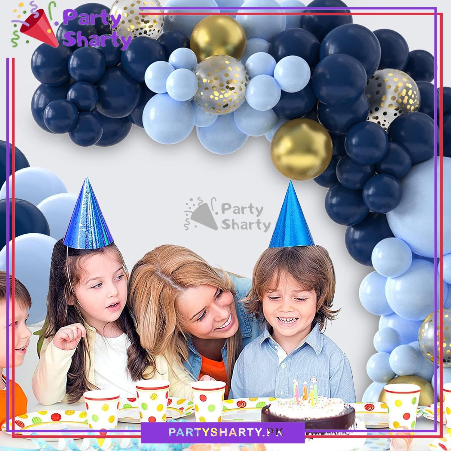 100pcs Navy Blue, Baby Blue & Metallic Golden Balloons Garland Arch Kit For Party Event Decoration